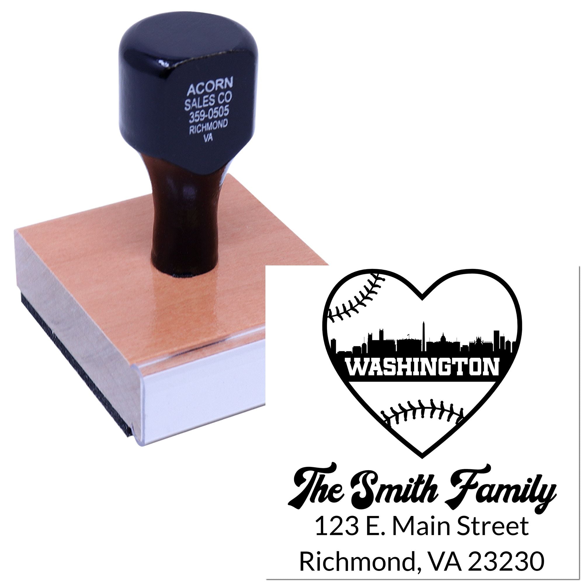 Custom family address rubber stamp with baseball heart design, personalized return address stamp for The Smith Family in Richmond, VA