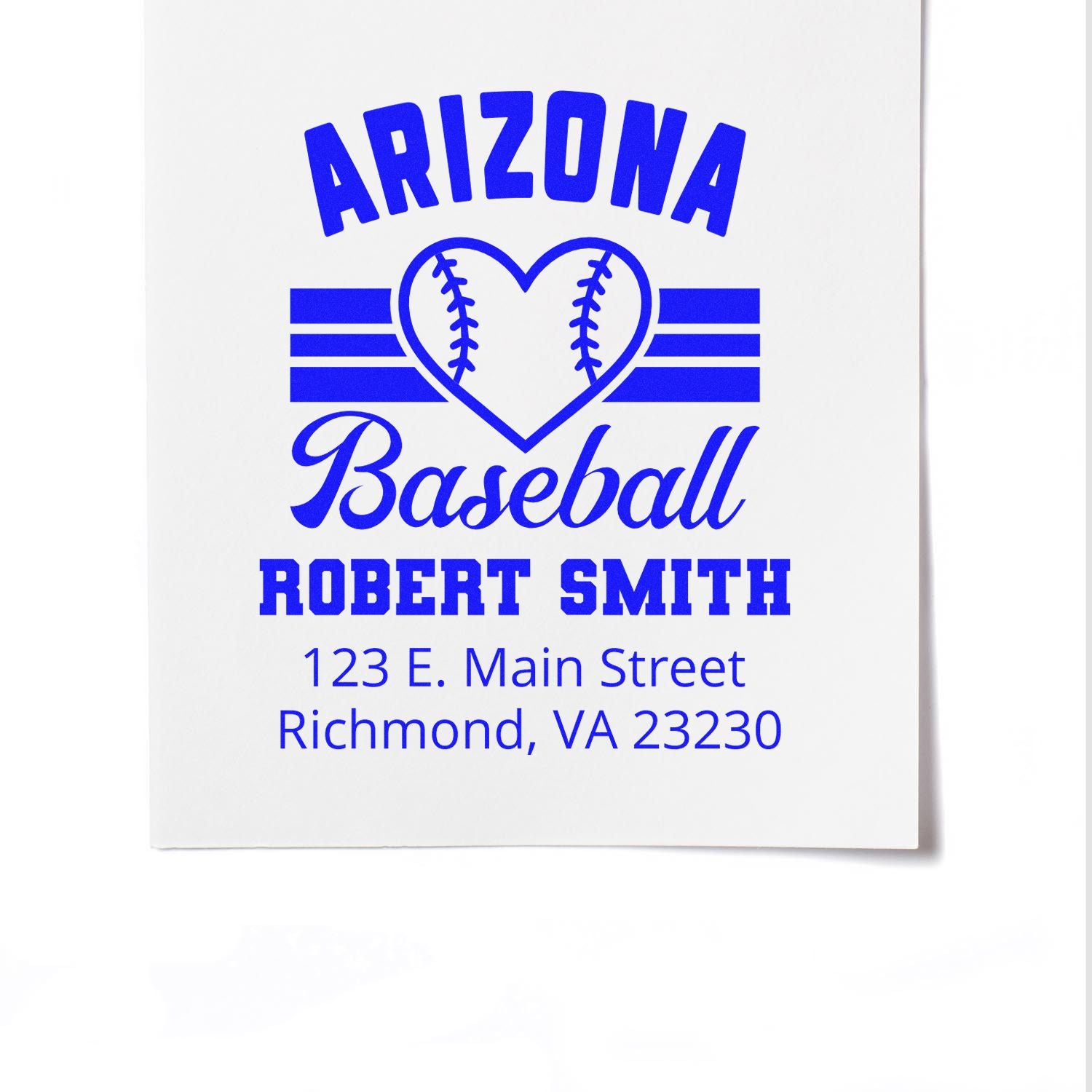 Custom Arizona Baseball rubber stamp with heart baseball logo, Robert Smith name, and Richmond, VA address.