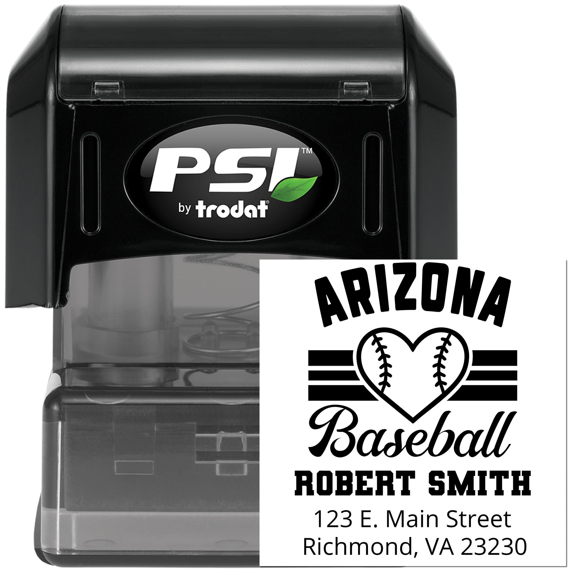 Personalized Arizona Baseball return address self-inking rubber stamp by PSI Trodat with name and Richmond, VA address.