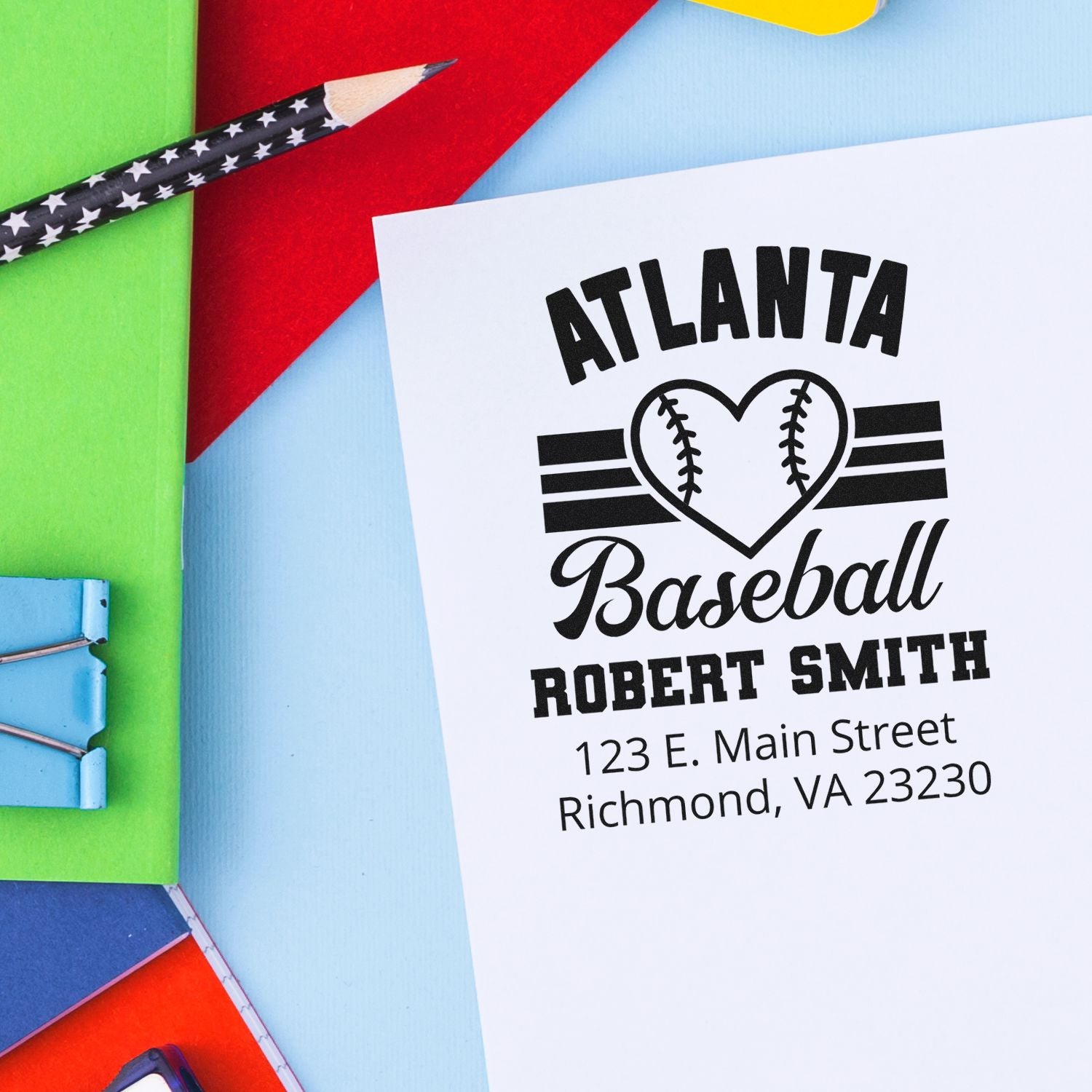 Custom Atlanta baseball rubber stamp with heart logo, name, and return address for personalized stationery.