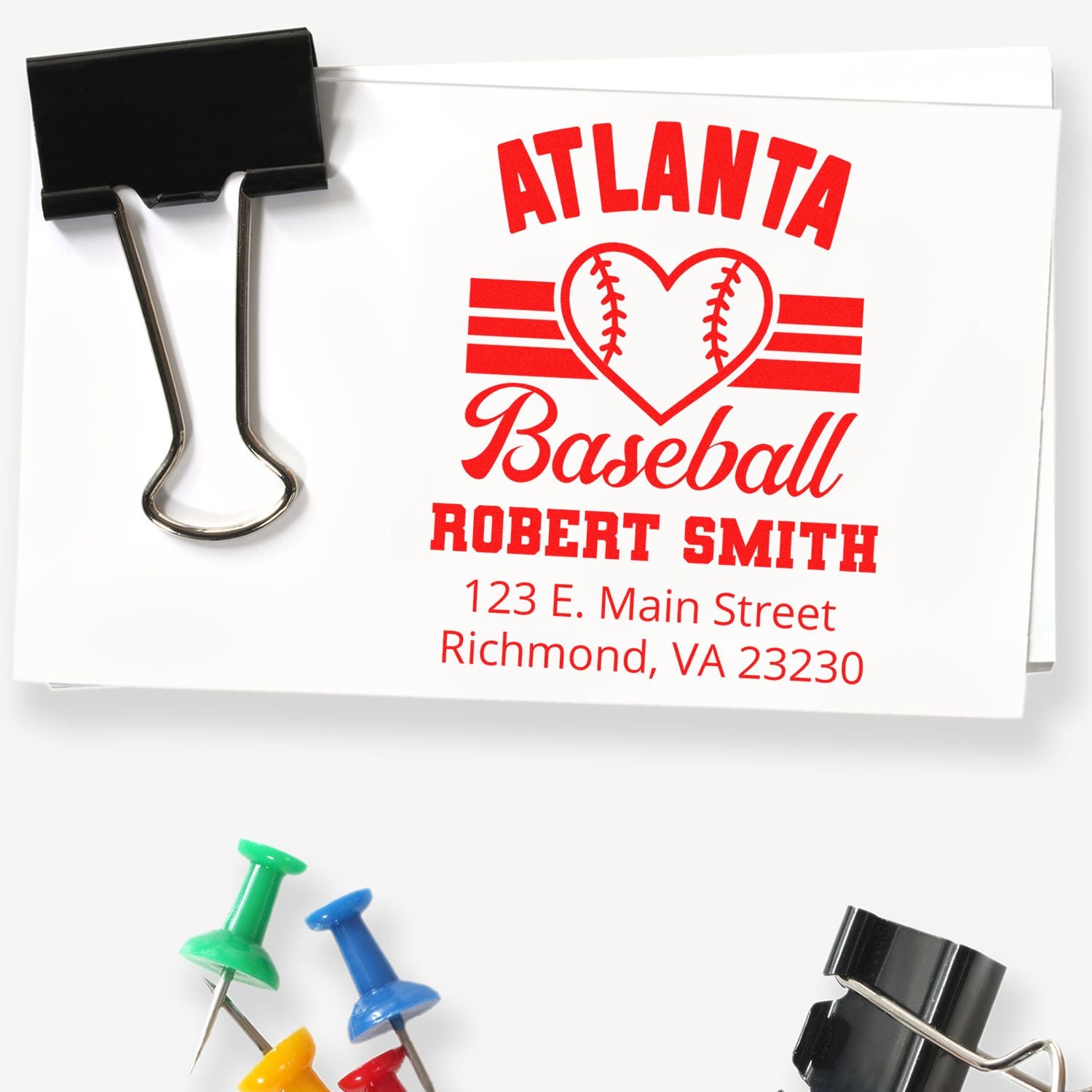 Custom Atlanta baseball rubber stamp with name and address imprint for personalized return address labeling.