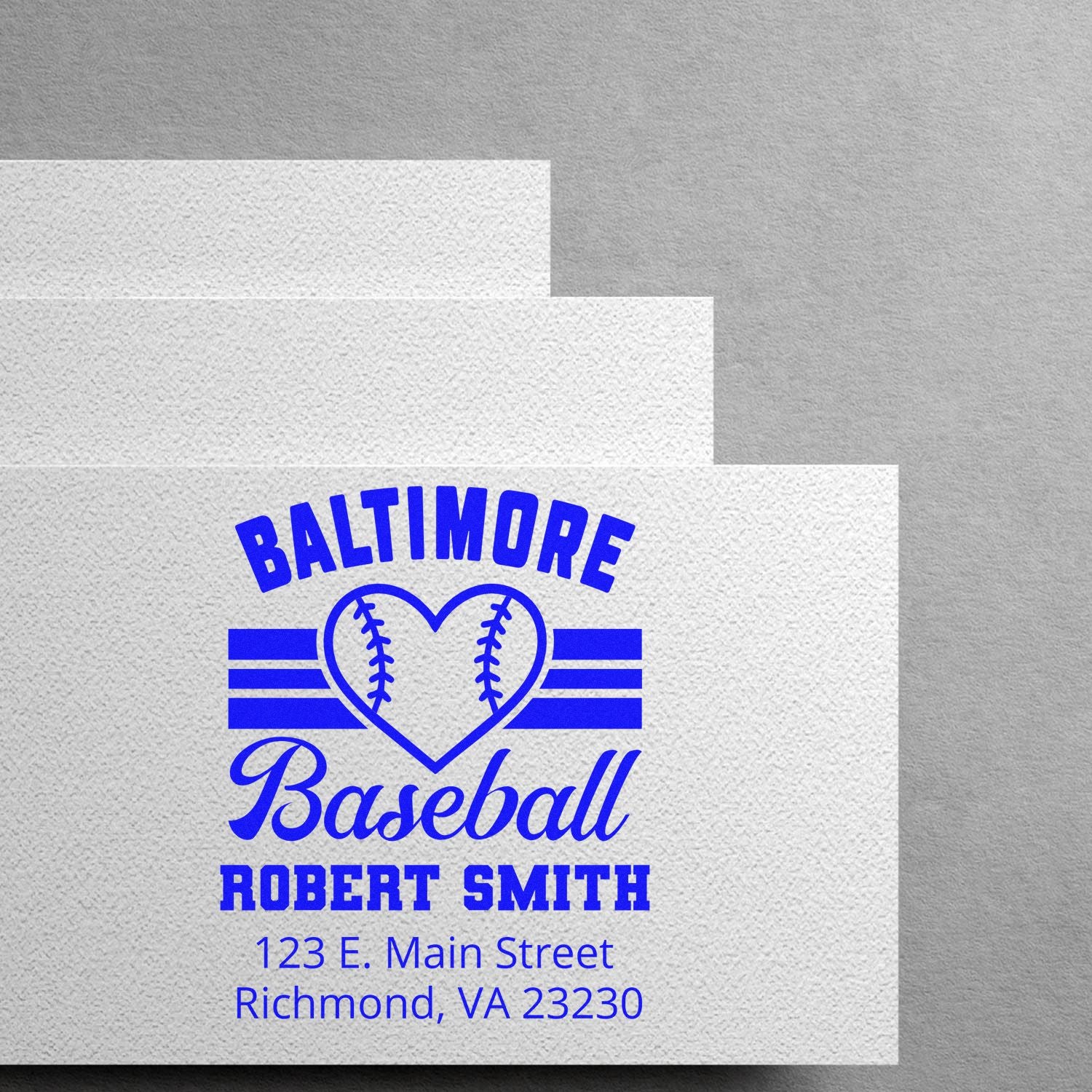 Custom Baltimore Baseball rubber stamp with heart baseball logo, Robert Smith, and Richmond, VA 23230 address.