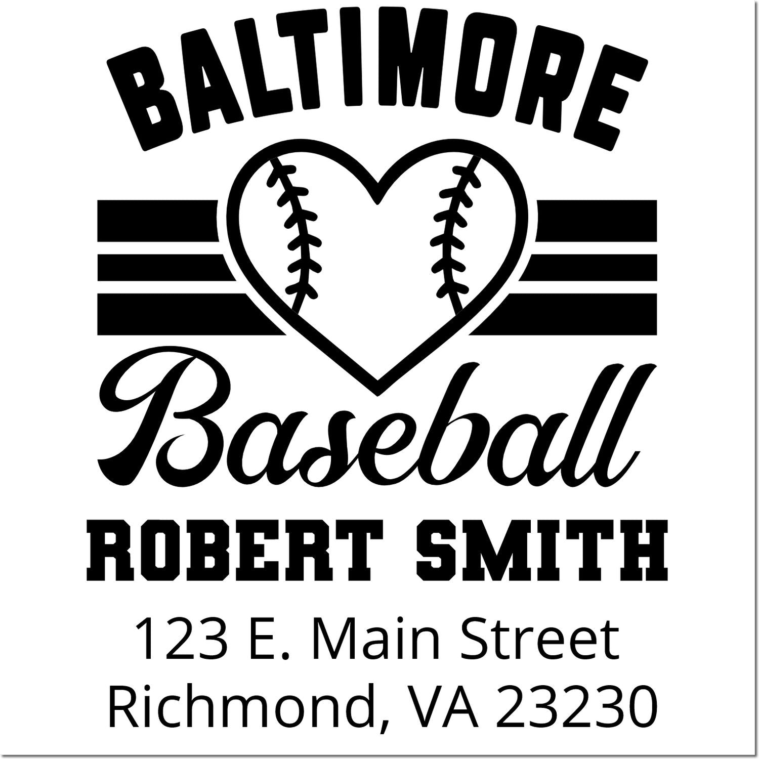 Custom Baltimore baseball rubber stamp with heart logo, Robert Smith, and Richmond, VA return address.