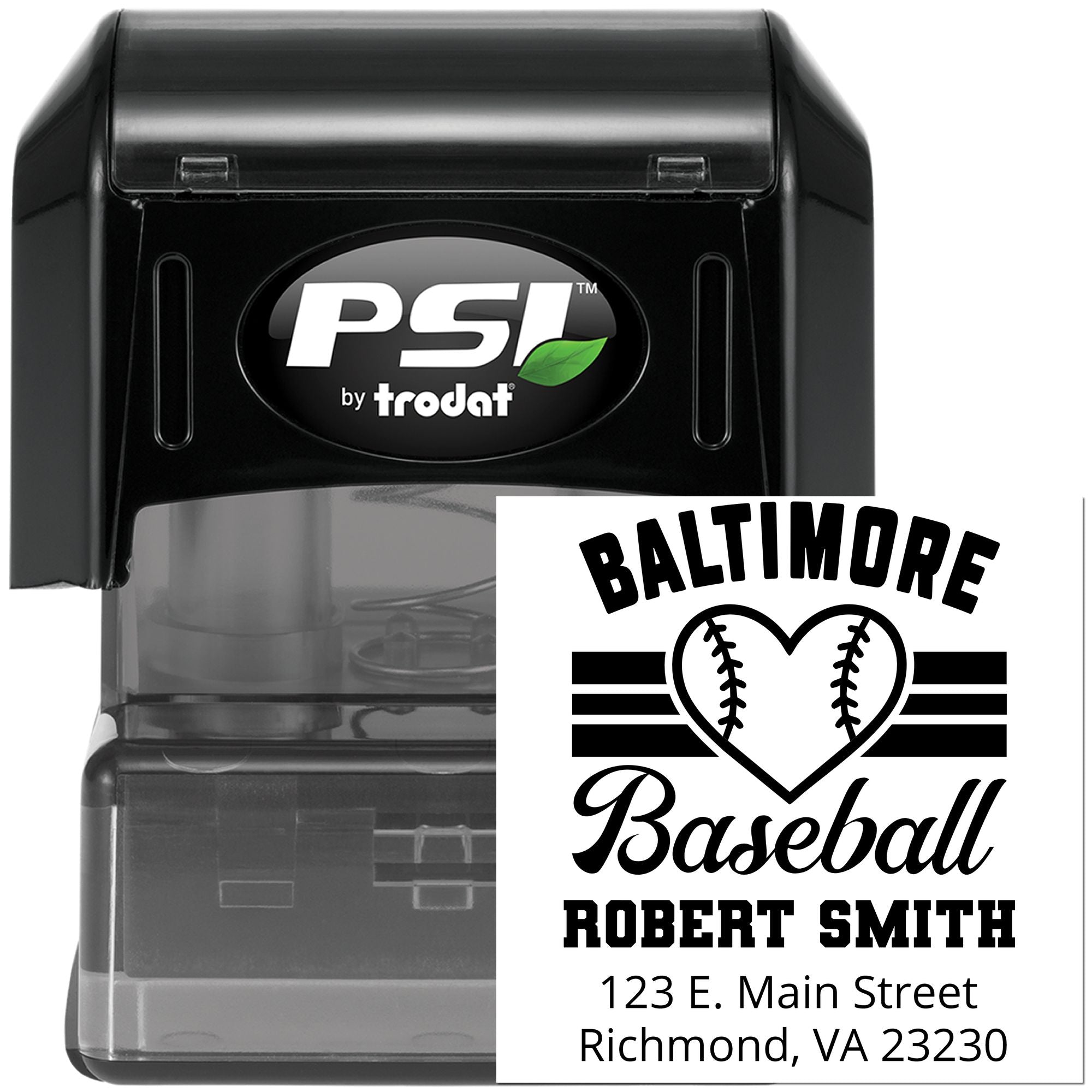 PSI by Trodat self-inking rubber stamp with custom Baltimore baseball address stamp design for Robert Smith