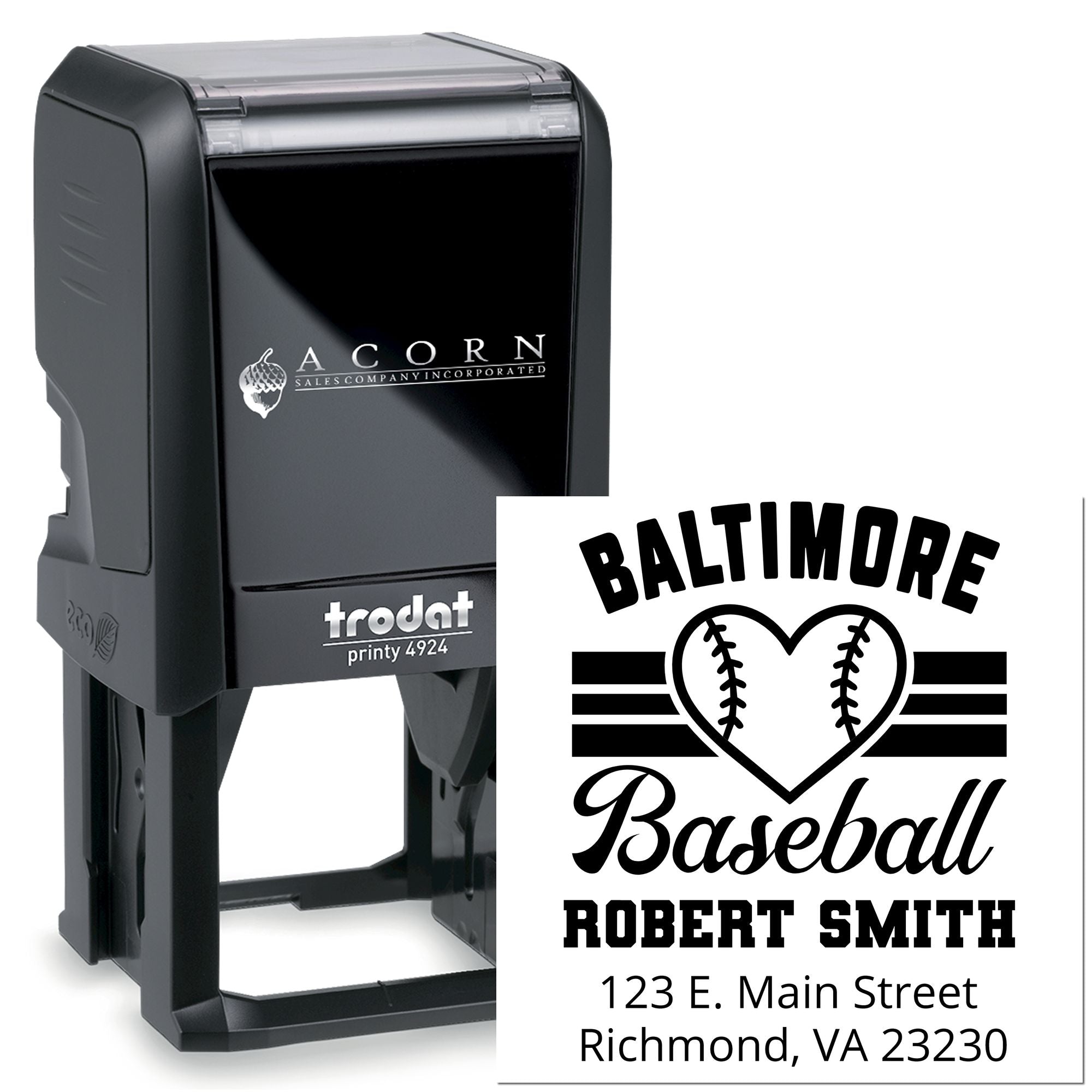 Custom self-inking baseball rubber stamp with Baltimore logo, Robert Smith name, and address for personalized branding.