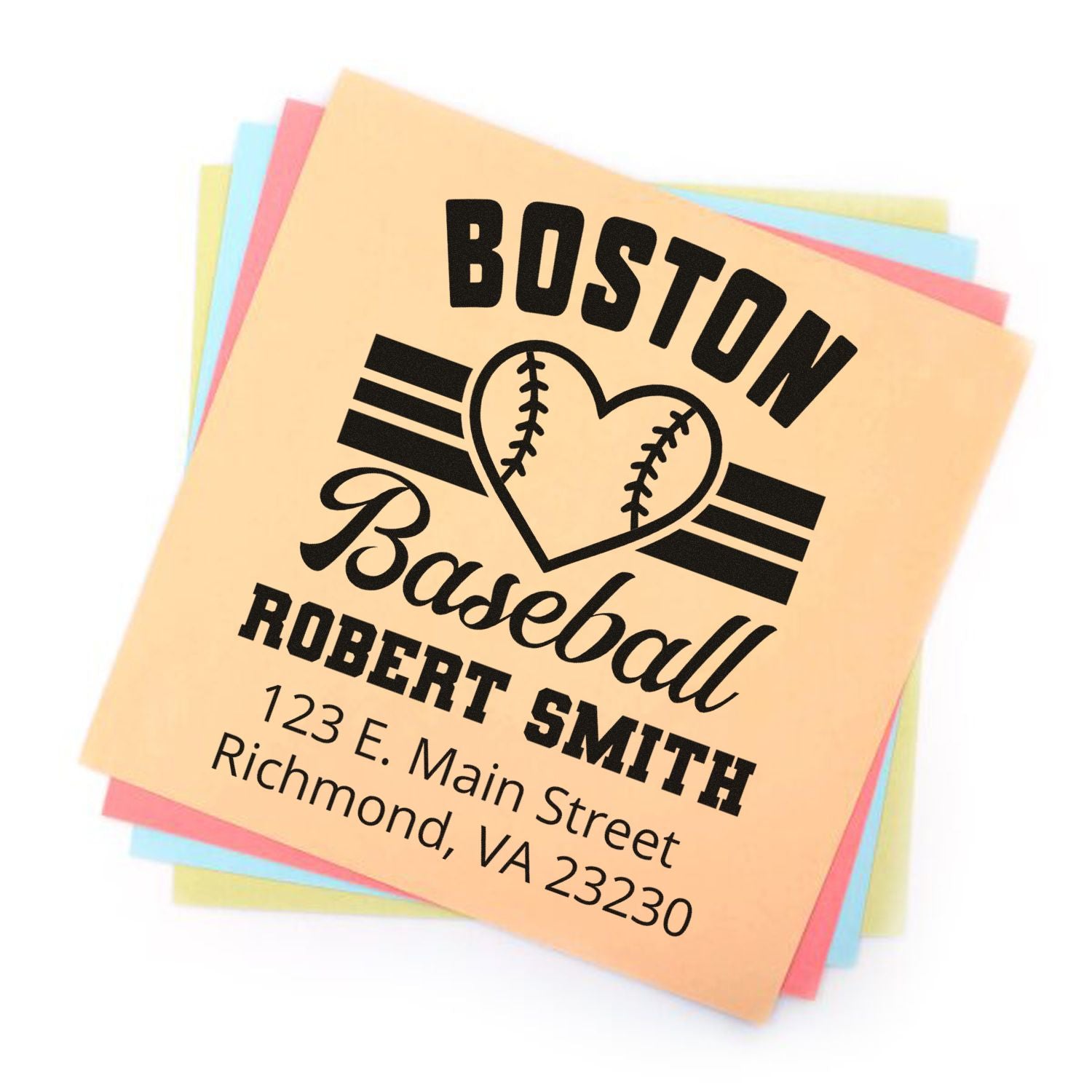 Personalized baseball return address rubber stamp for Robert Smith, Richmond, VA, with Boston-themed logo.
