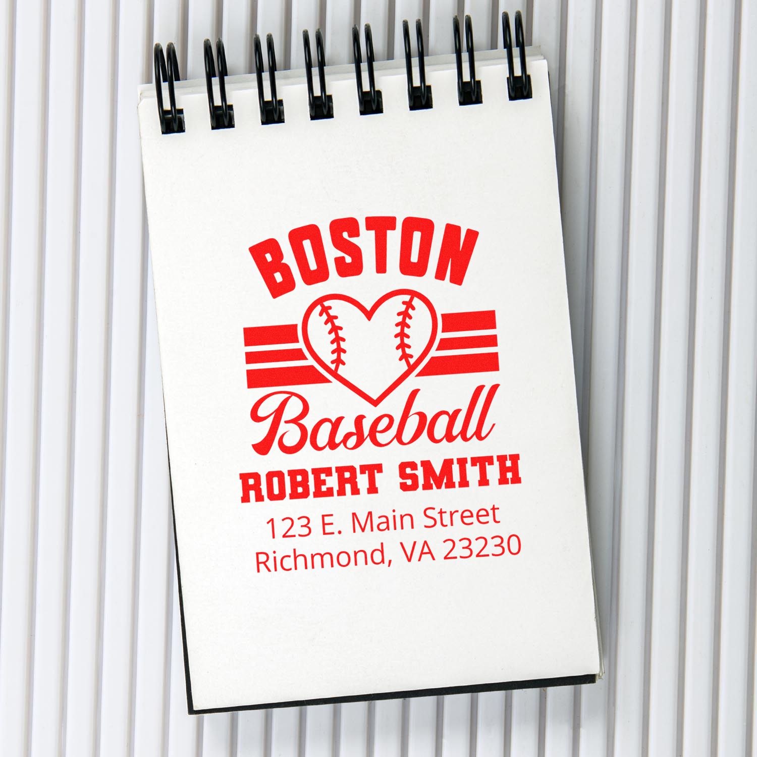 Personalized Boston baseball rubber stamp with name and address for Robert Smith, Richmond, VA.