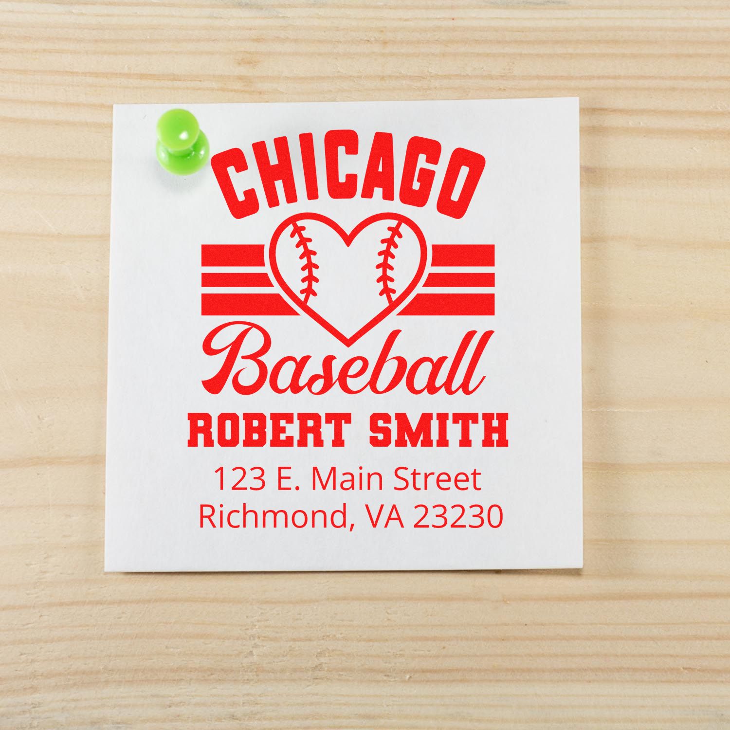 Custom Chicago baseball rubber stamp with personalized name and address for Robert Smith.