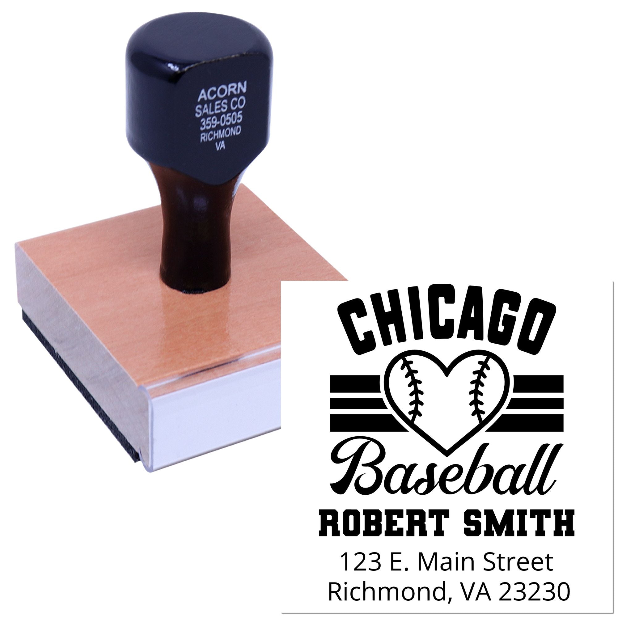 Custom baseball address stamp with Chicago Baseball design, name, and address for personalized sports mailing.