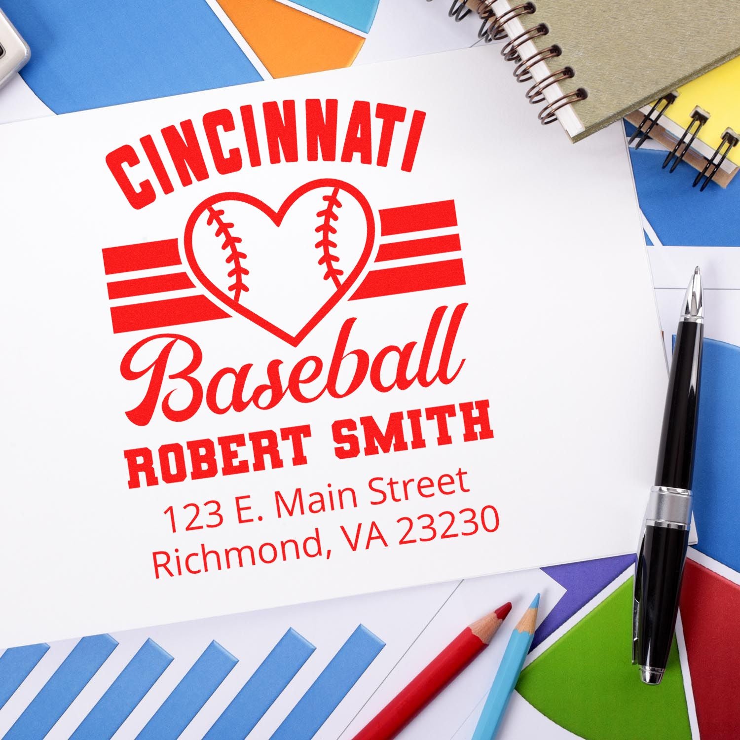 Custom Cincinnati Baseball rubber stamp with logo, Robert Smith name, and Richmond, VA address