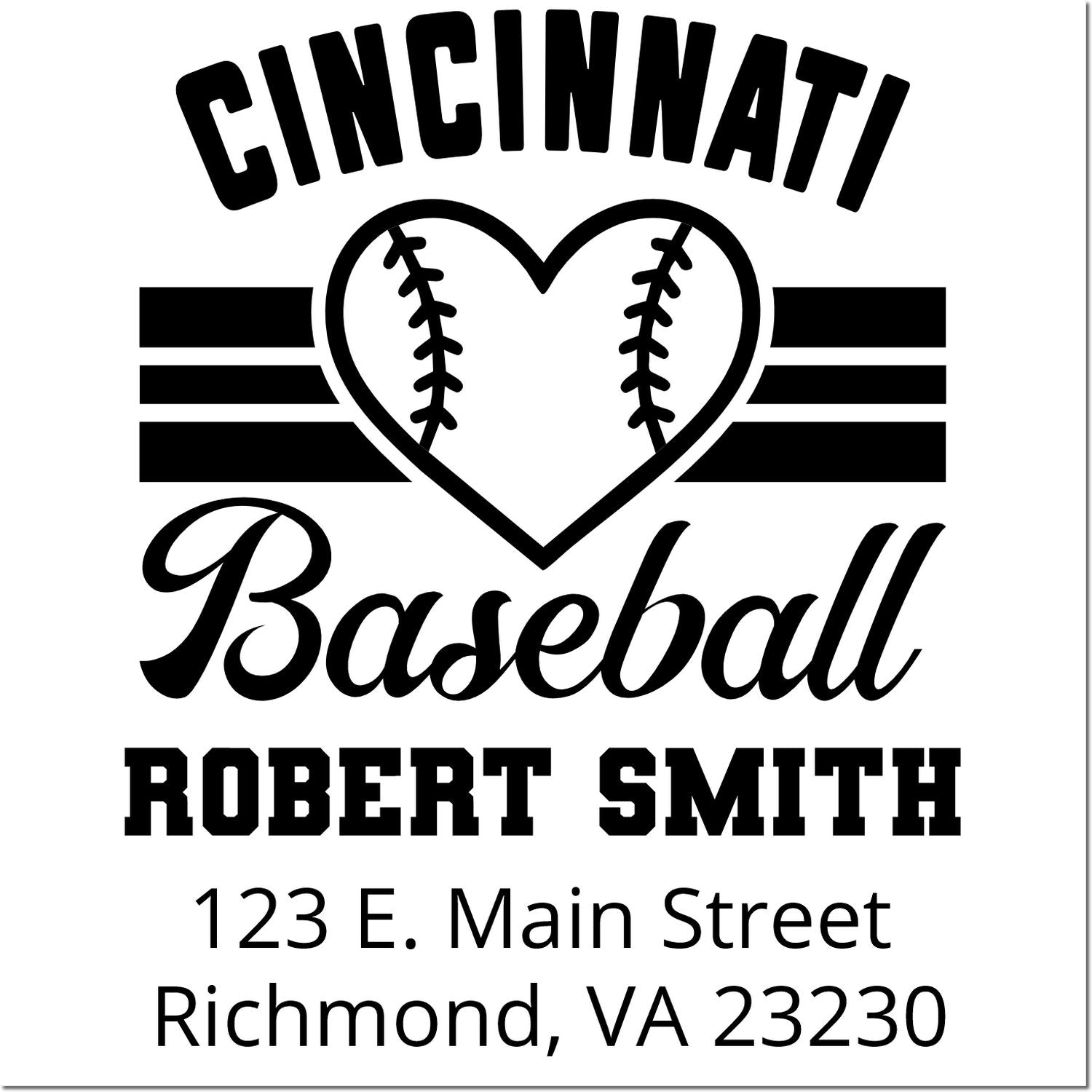 Custom Cincinnati baseball rubber stamp with heart logo, Robert Smith name, and Richmond, VA address.