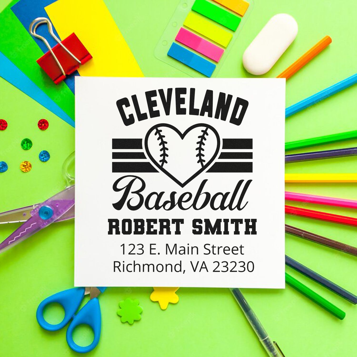 Custom Cleveland Baseball rubber stamp design with name and address, ideal for personalized return address or stationery stamping.