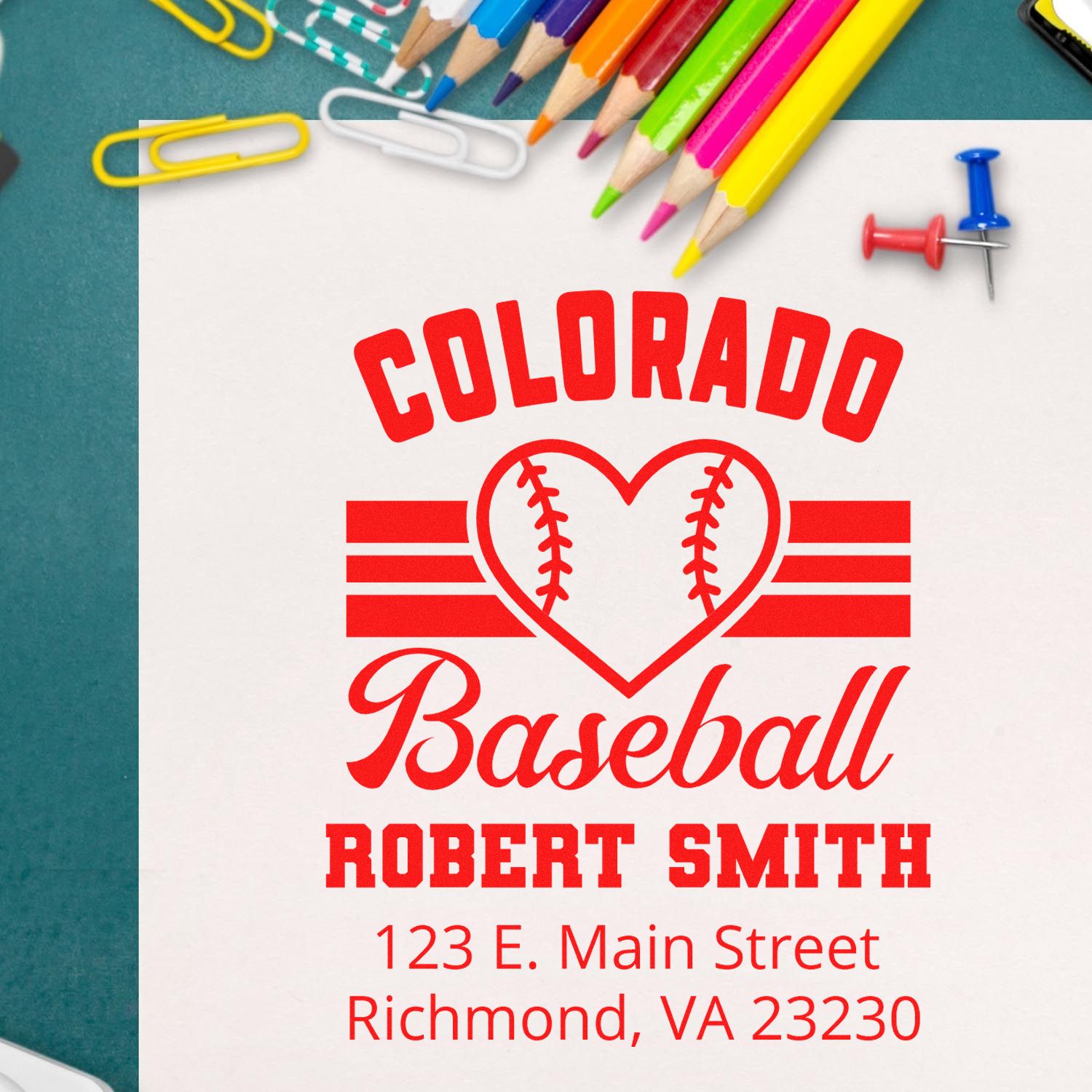 Custom Colorado baseball rubber stamp with name and address, ideal for personalized sports stationery and fan mail.