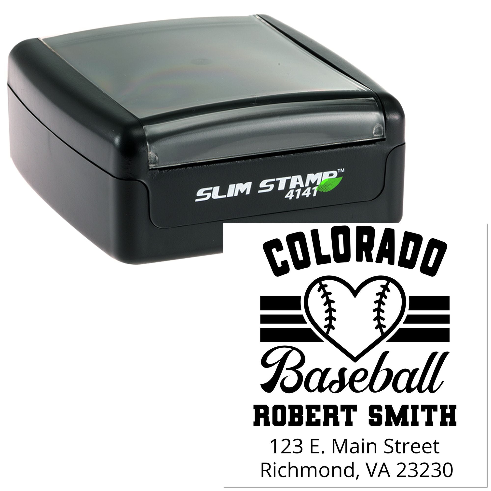 Custom self-inking rubber stamp for Colorado baseball address labels with name, city, and home plate heart design.