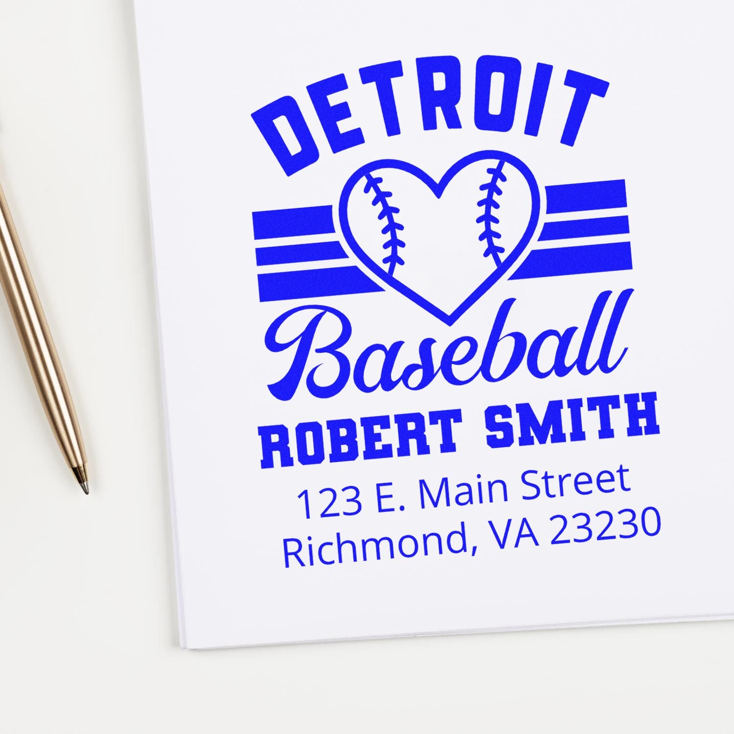 Custom Detroit baseball address stamp with heart logo, Robert Smith name, and Richmond return address.
