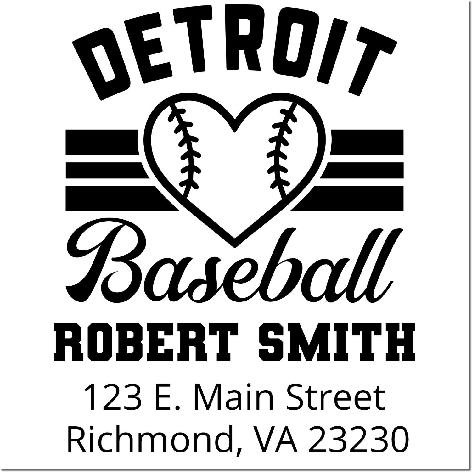 Detroit Baseball custom return address rubber stamp with heart baseball design, Robert Smith, 123 E. Main Street, Richmond, VA 23230