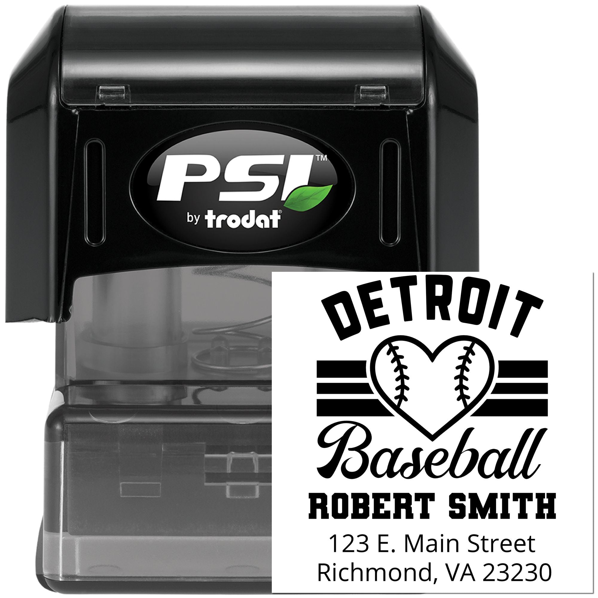 PSI by Trodat custom self-inking rubber stamp for Detroit Baseball, with Robert Smith and Richmond, VA address.