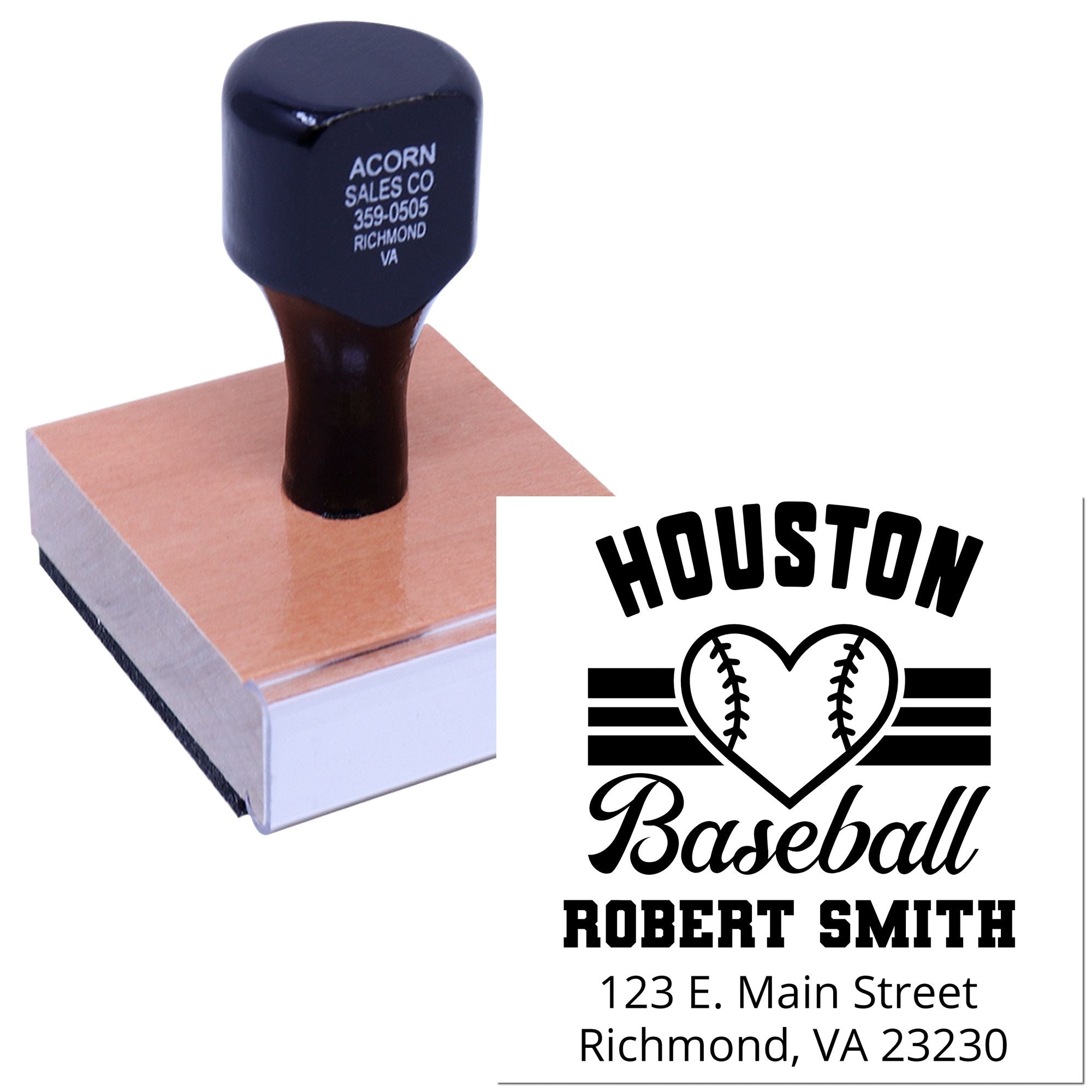 Custom baseball return address rubber stamp for Houston Baseball, Robert Smith, 123 E. Main Street, Richmond, VA 23230.