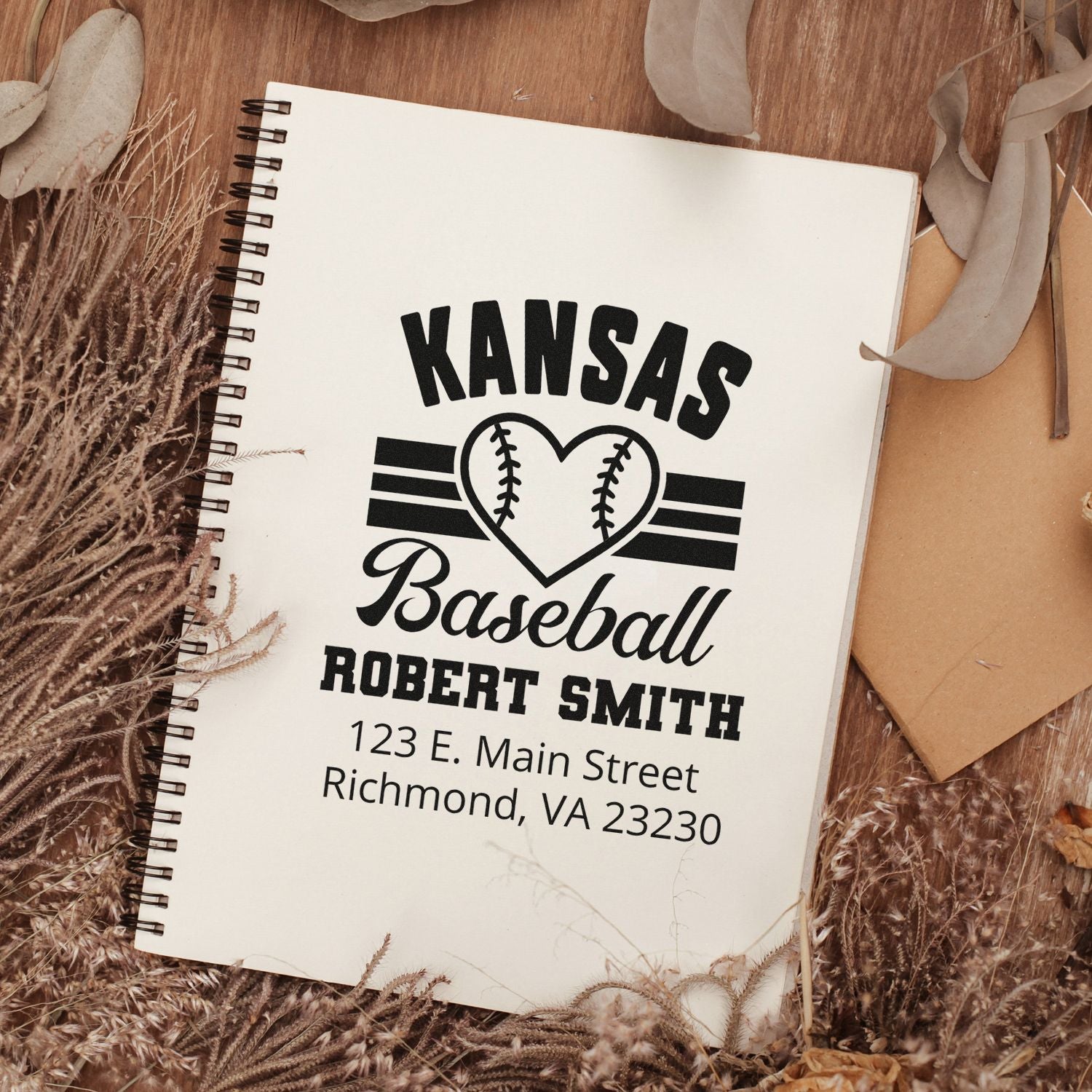 Personalized Kansas baseball return address rubber stamp with name and address, featuring a heart baseball design for custom stationery.