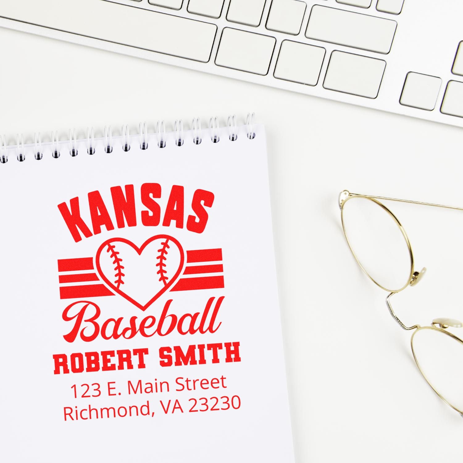 Personalized Kansas baseball return address rubber stamp with heart logo, Robert Smith name, and Richmond, VA address.