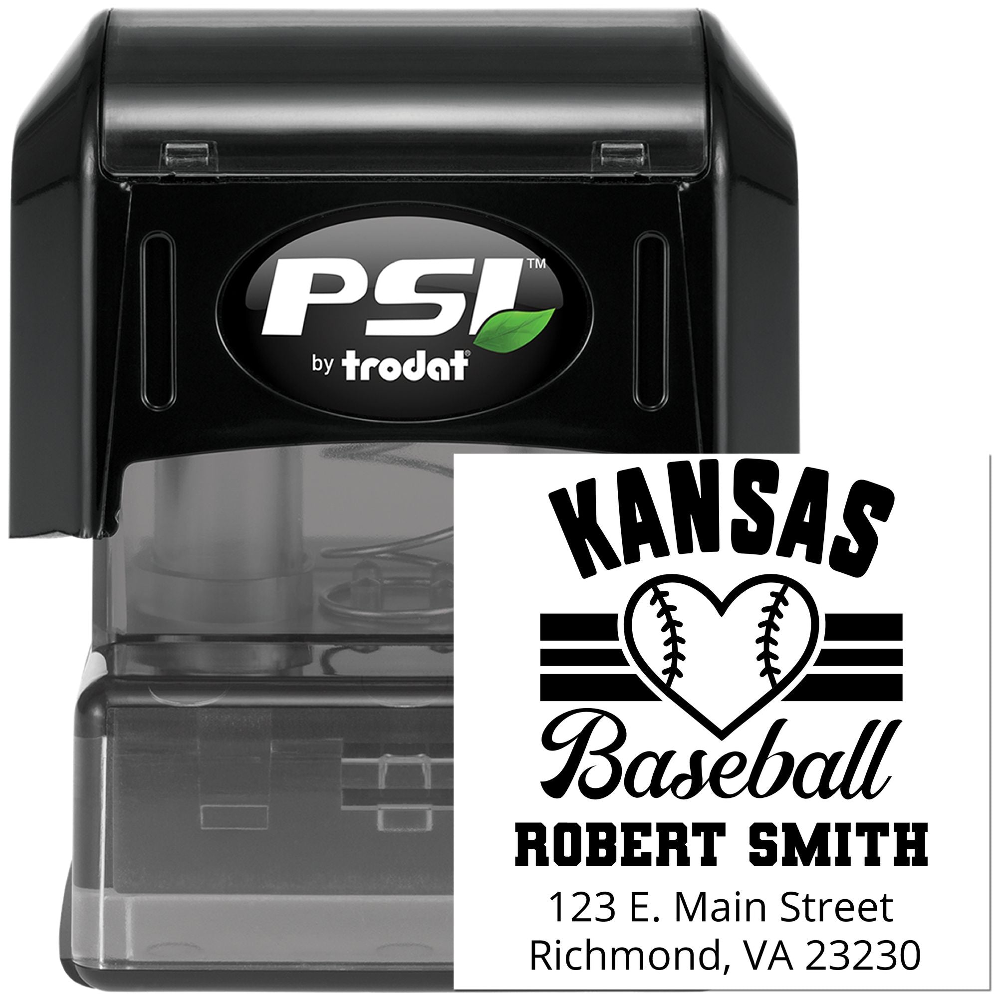 Custom self-inking rubber stamp for Kansas baseball, with name and address, PSI by Trodat.