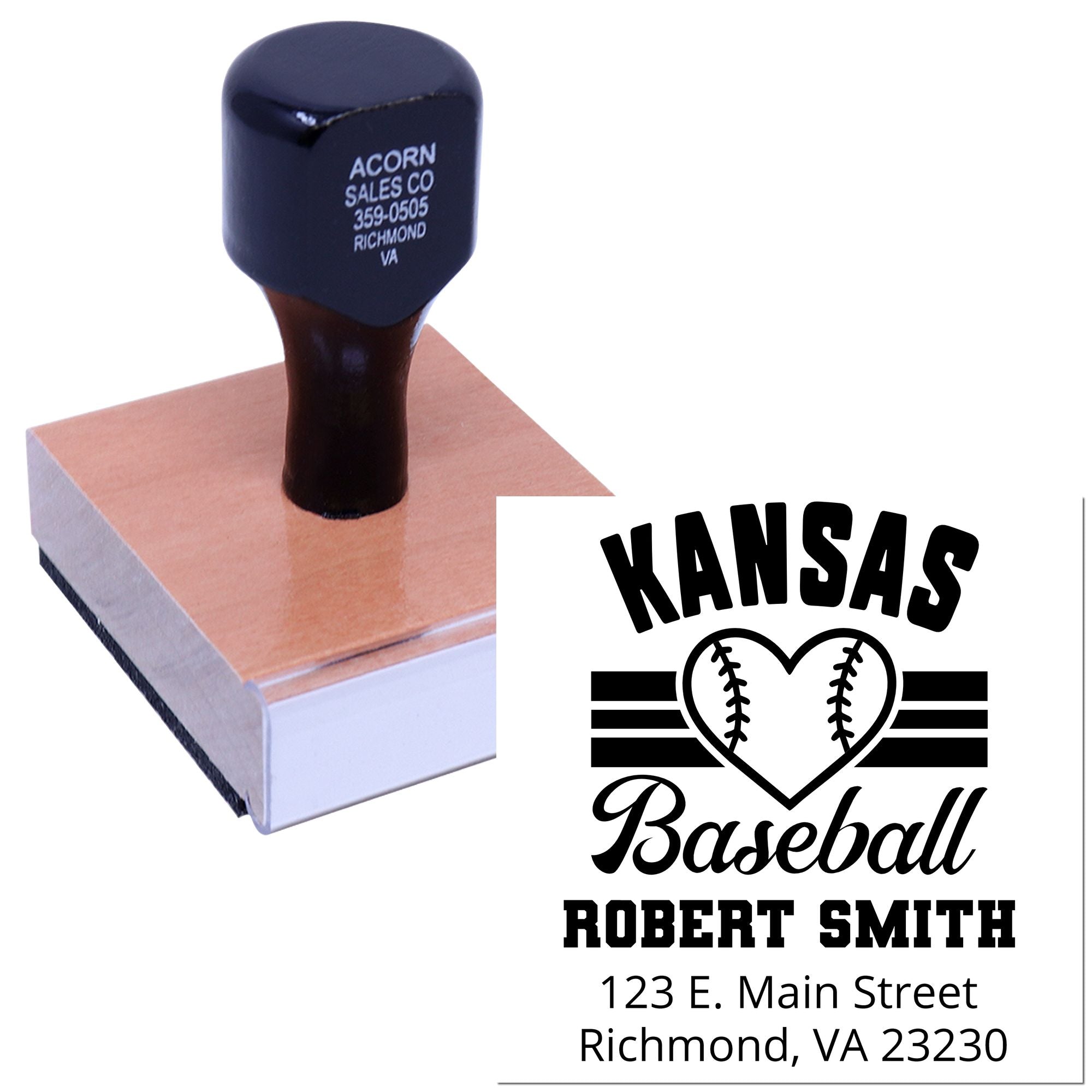 Custom Kansas Baseball rubber stamp with Robert Smith name and Richmond, VA address for branded mailings and merchandise