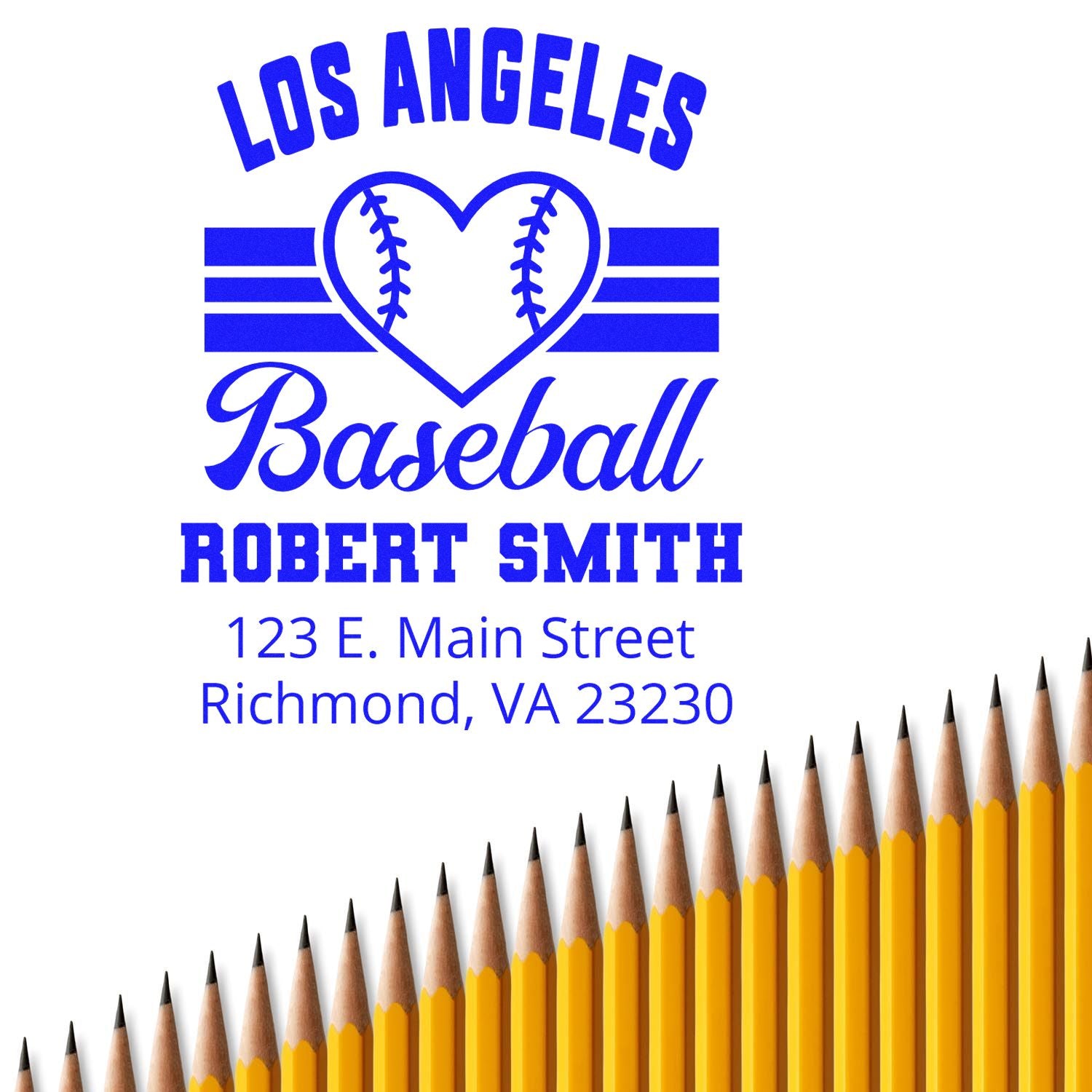 Custom personalized baseball rubber stamp with Los Angeles heart logo, Robert Smith name, and Richmond, VA return address.