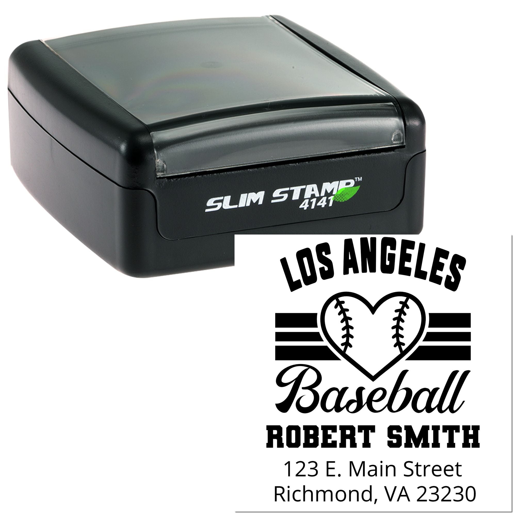 Slim Stamp custom baseball address rubber stamp with Los Angeles design, Robert Smith name, and Richmond, VA address.