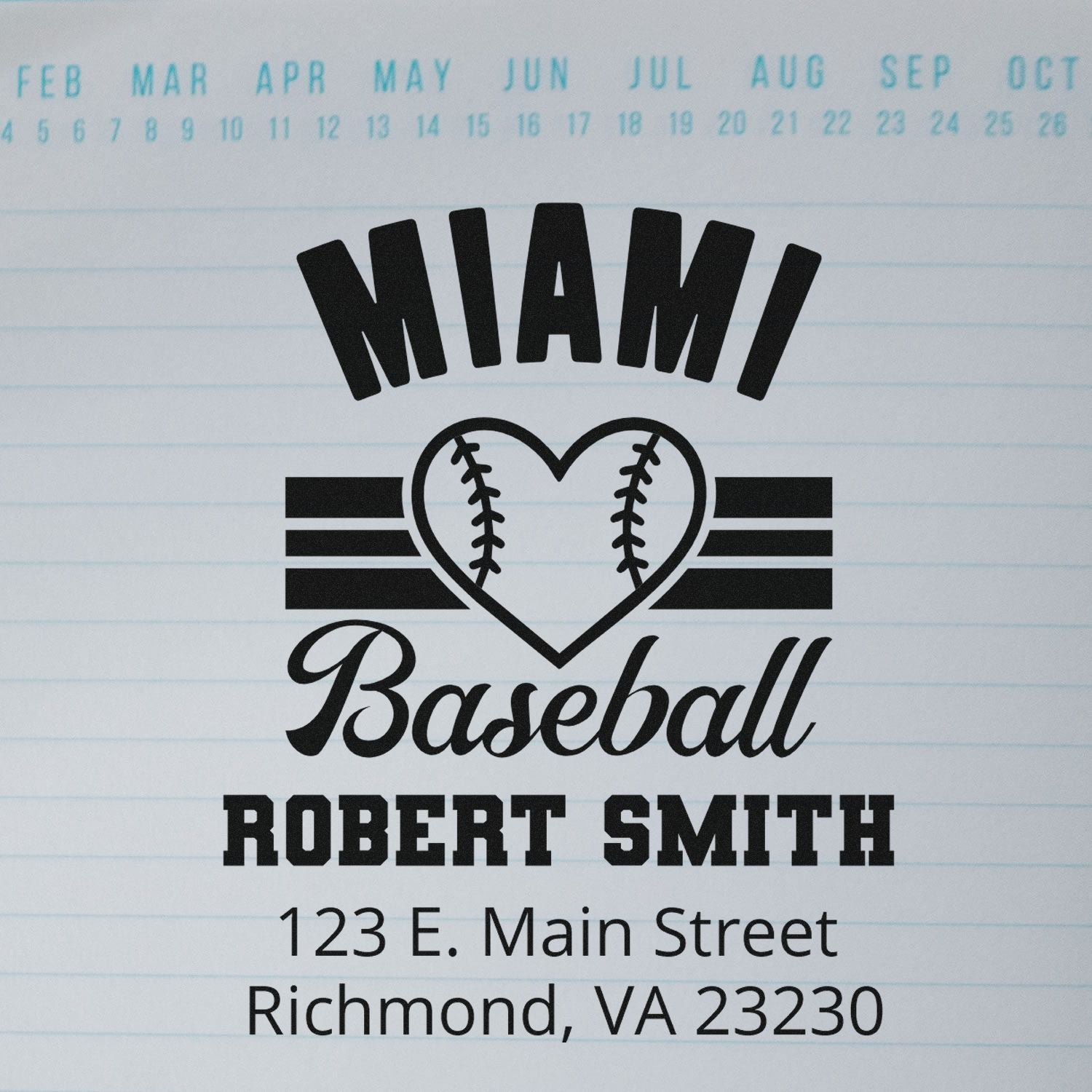 Custom Miami baseball rubber stamp with heart logo, Robert Smith name, and Richmond, VA address.