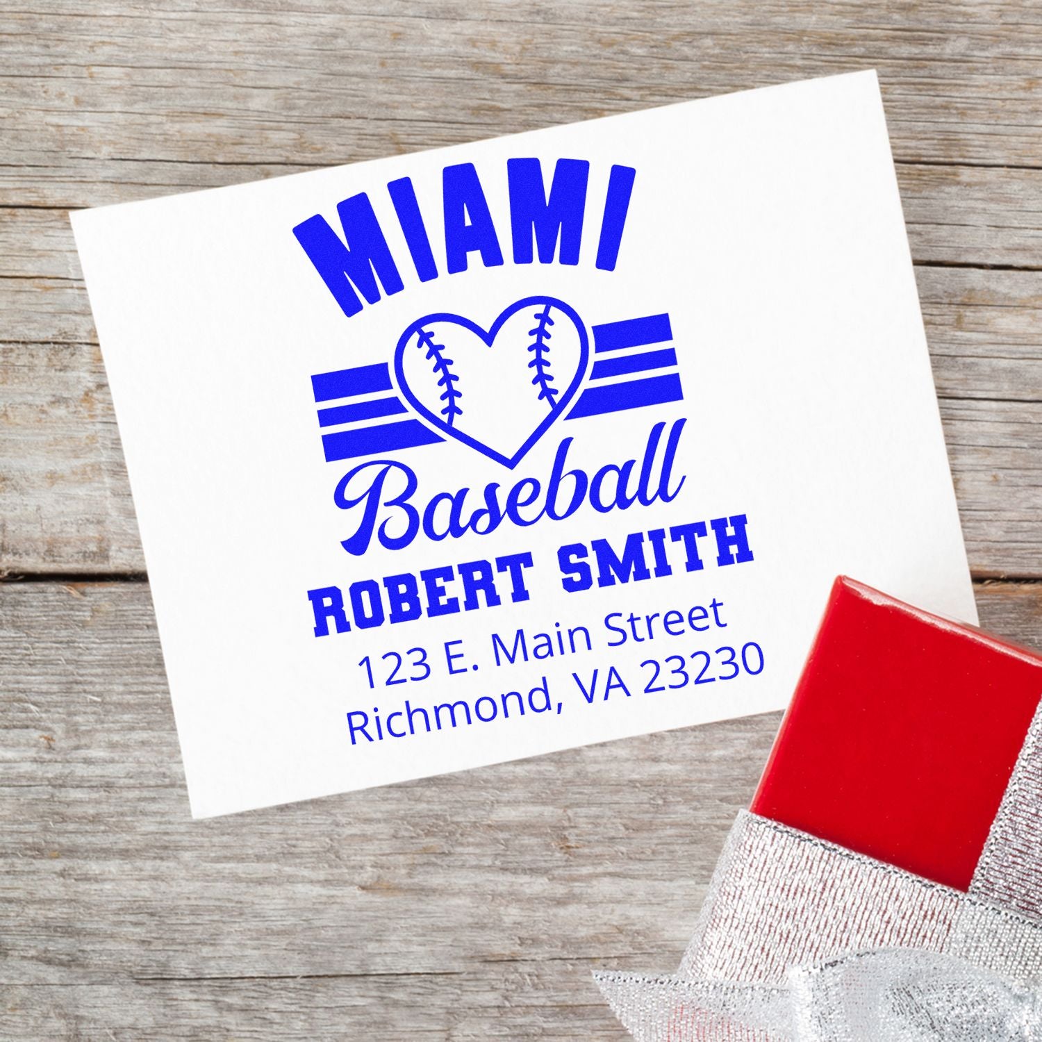 Custom Miami baseball rubber stamp with name and Richmond, VA address for Robert Smith.