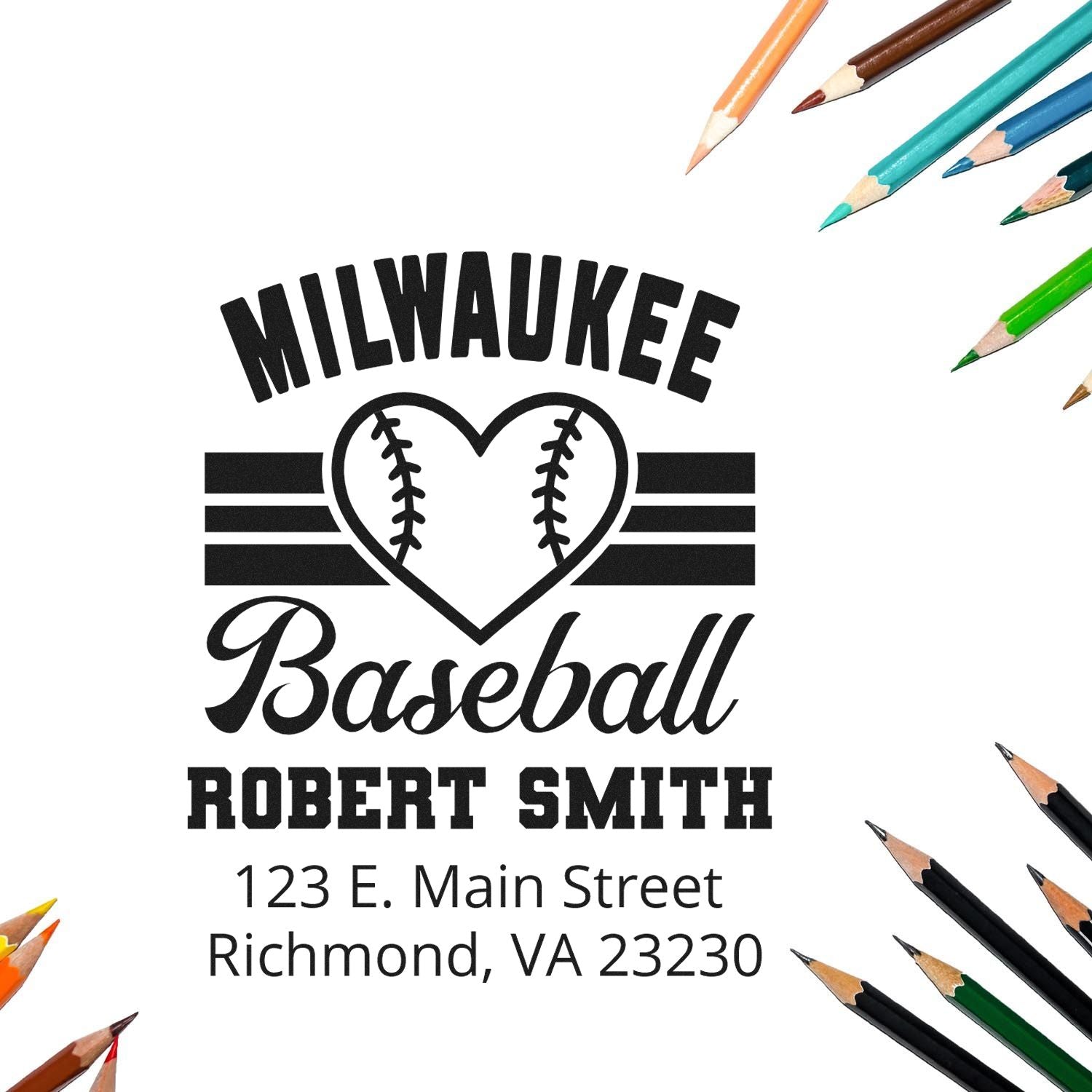 Personalized Milwaukee baseball rubber stamp with heart logo, Robert Smith name, and Richmond, VA 23230 address
