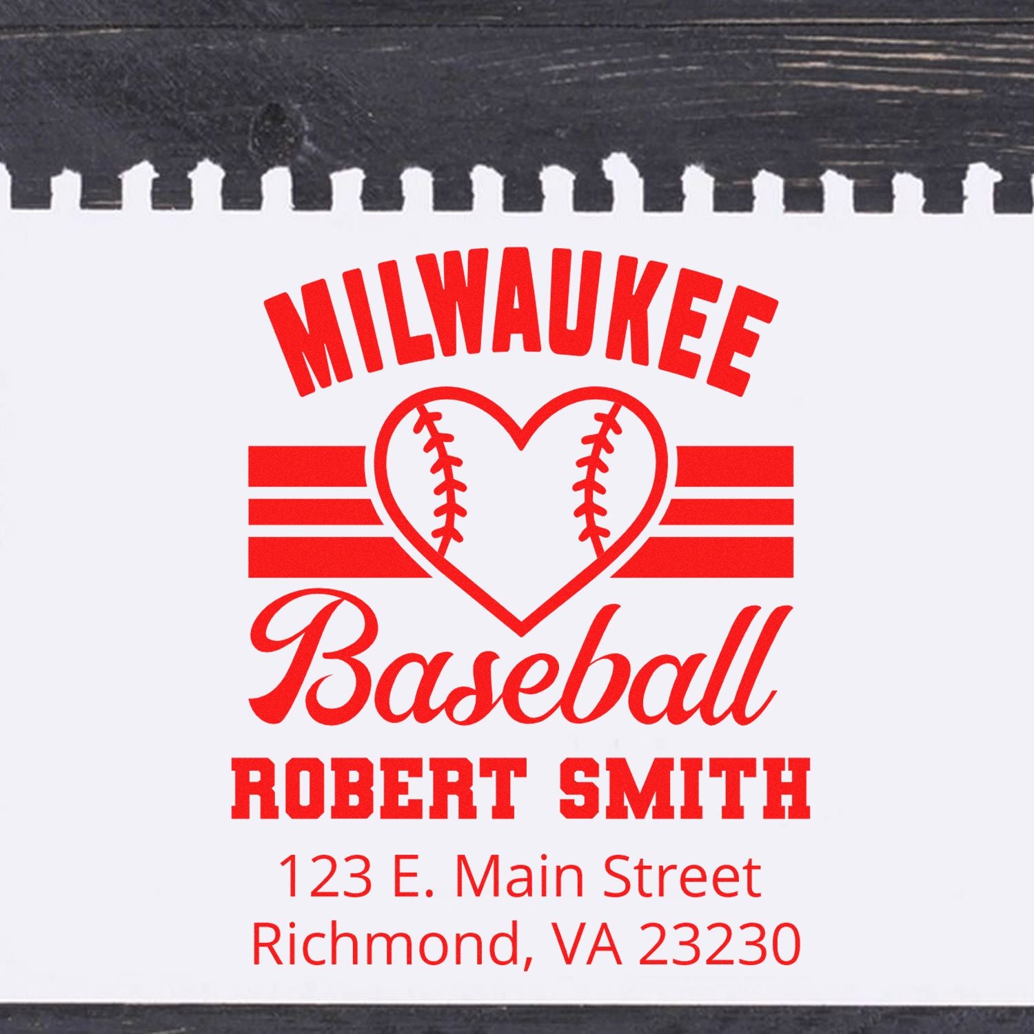 Custom Milwaukee baseball rubber stamp with heart logo, Robert Smith name, and address for personalized stationery.