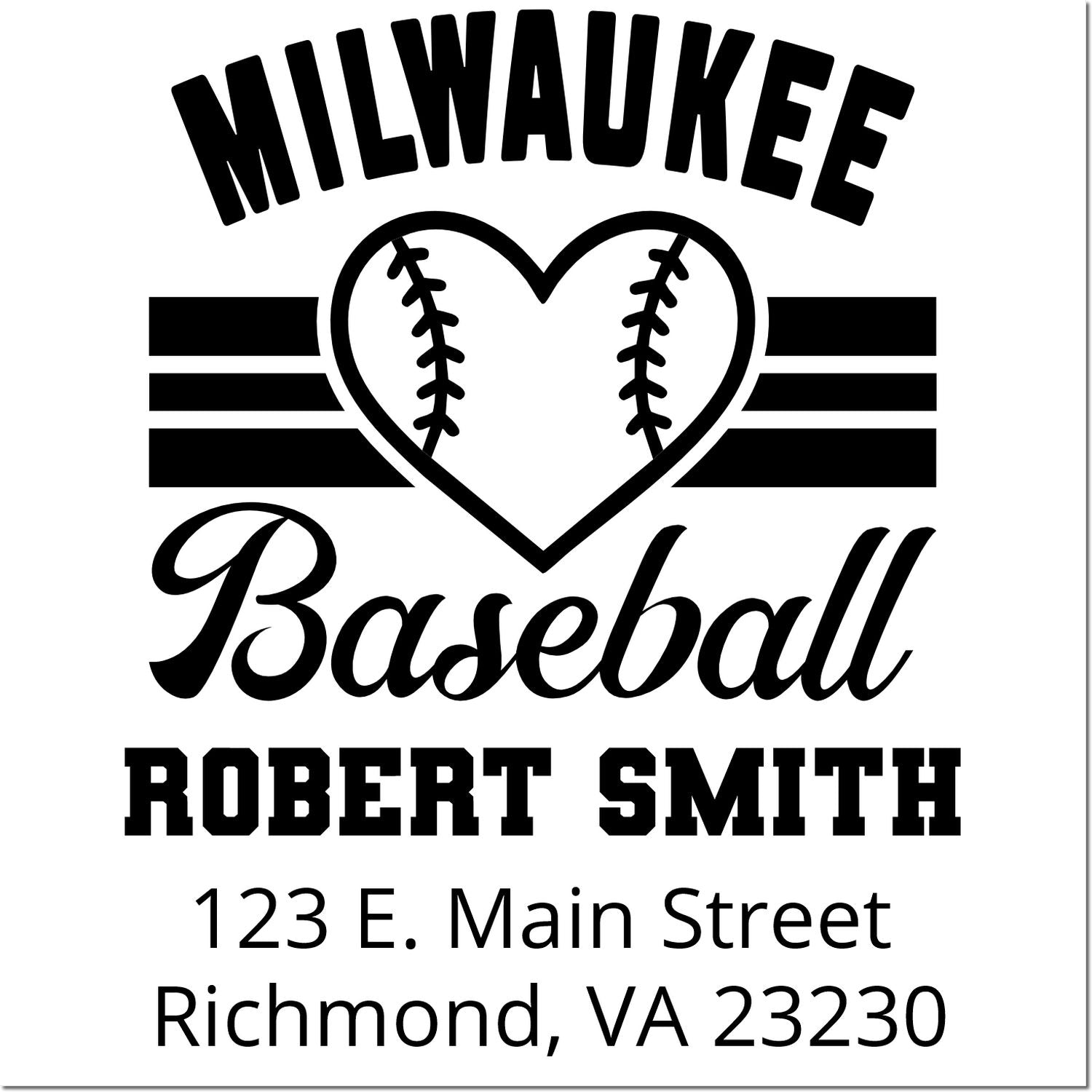 Custom Milwaukee baseball address rubber stamp with heart baseball logo, Robert Smith, and Richmond, VA 23230.