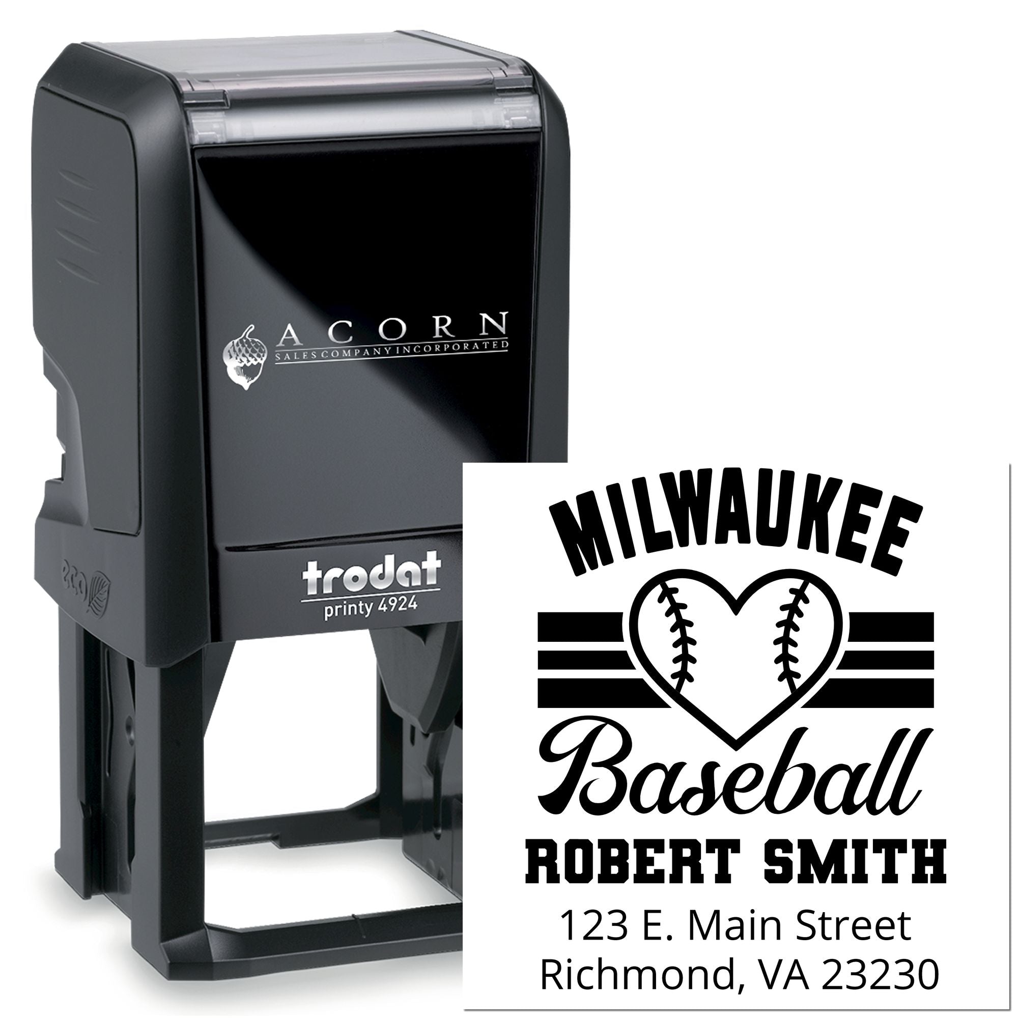 Custom self-inking rubber stamp for Milwaukee Baseball, with name, address, and baseball heart logo for personalized mailing.