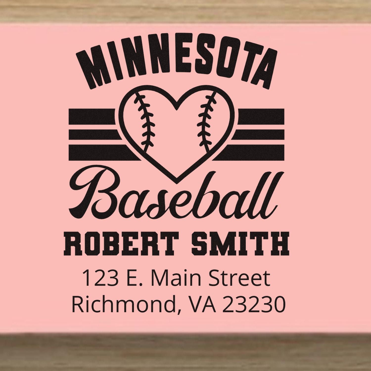 Personalized Minnesota Baseball return address rubber stamp for Robert Smith, Richmond, VA 23230.