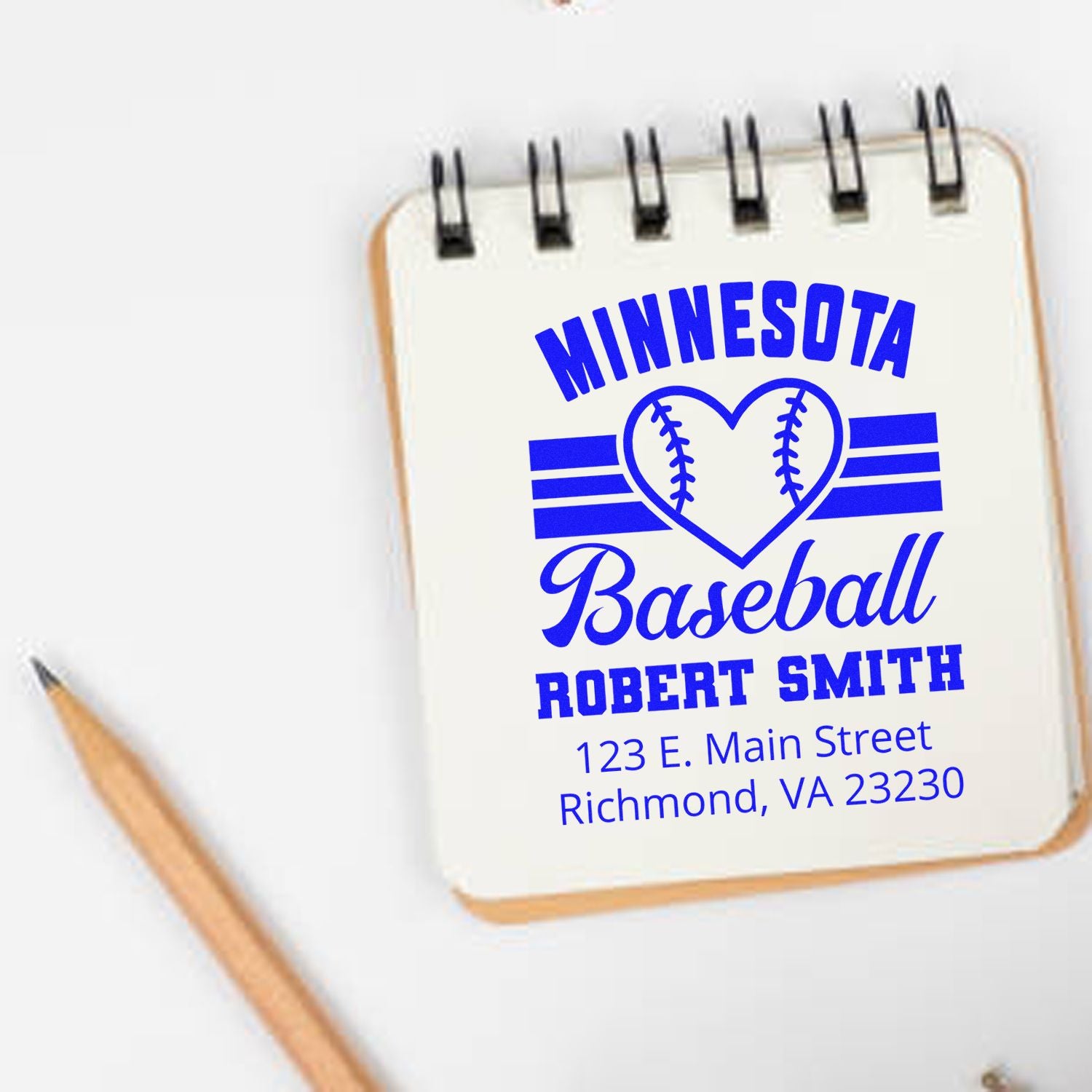 Custom Minnesota baseball rubber stamp with heart logo, name, and address for personalized stationery.