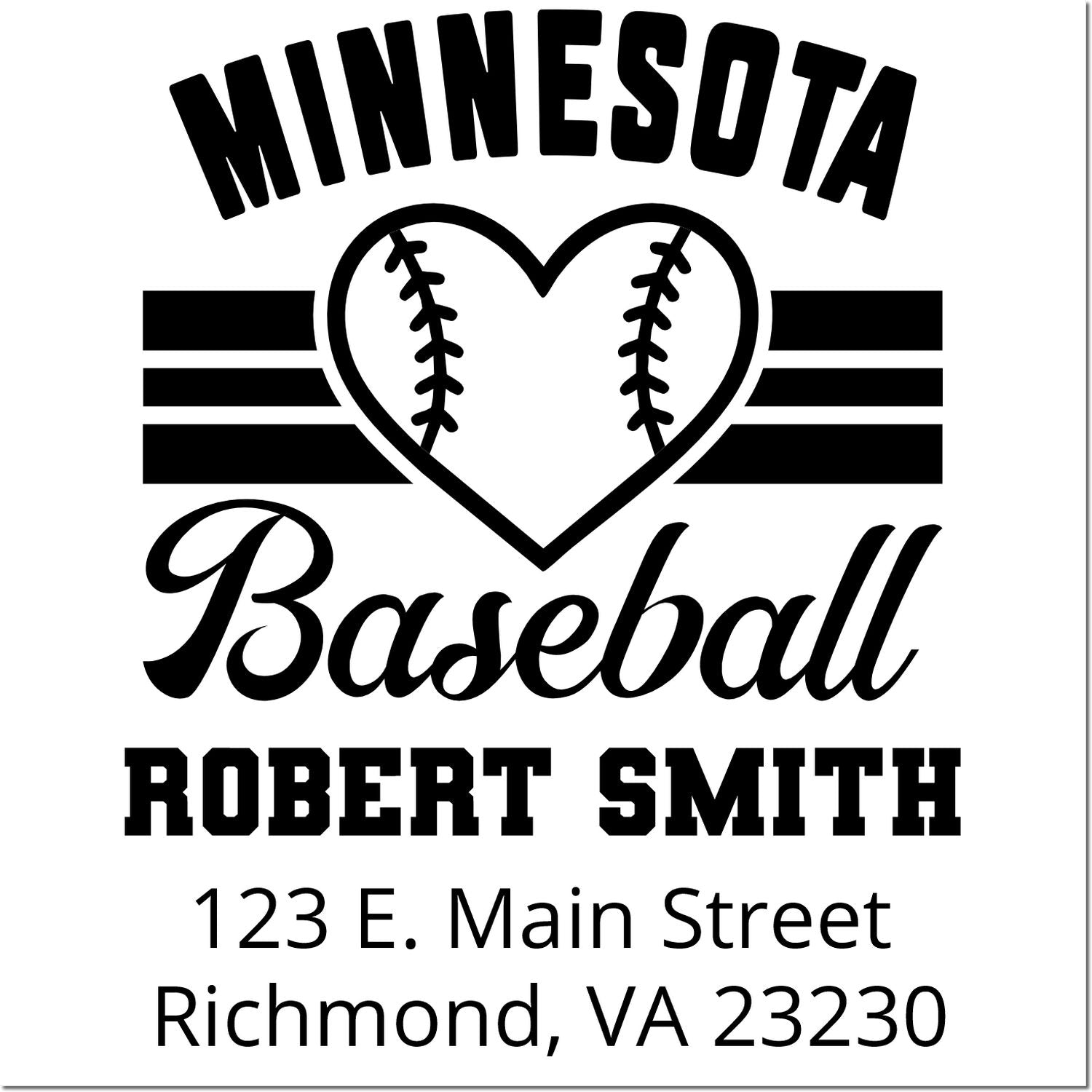 Personalized Minnesota baseball rubber stamp with heart baseball logo, Robert Smith name, and mailing address.