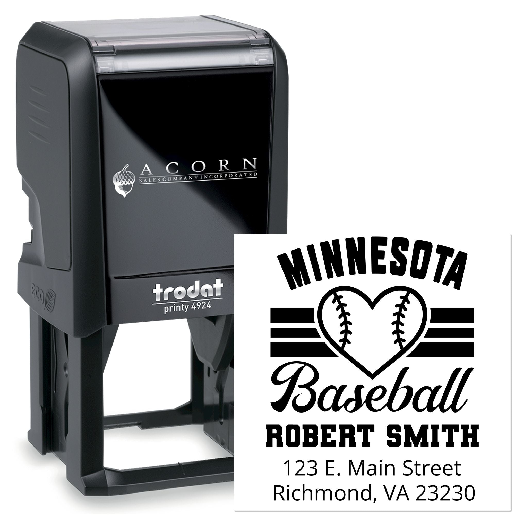 Custom self-inking rubber stamp with Minnesota baseball logo, name, and address for personalized business use.