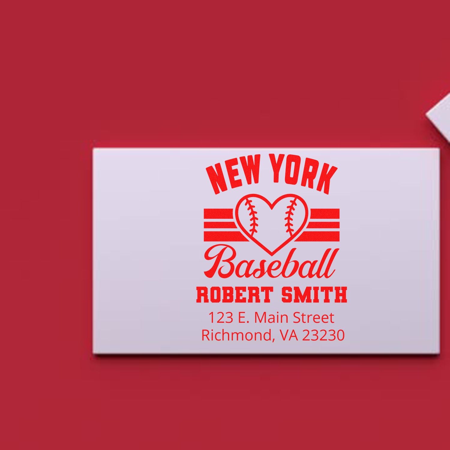 Personalized New York baseball rubber stamp with heart logo, Robert Smith name, and Richmond, VA address.