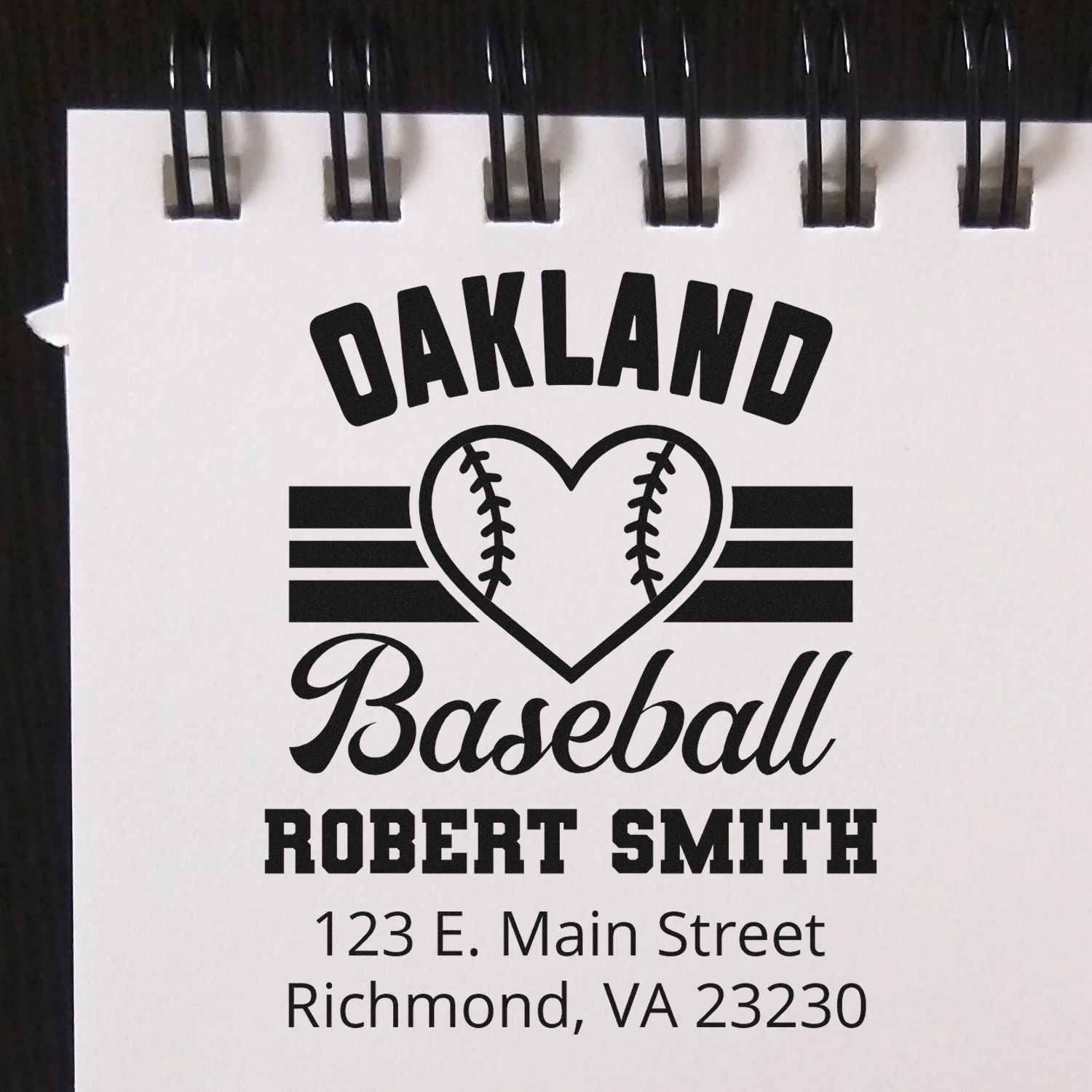 Personalized rubber stamp design for Oakland baseball fan Robert Smith with name and Richmond, VA address.