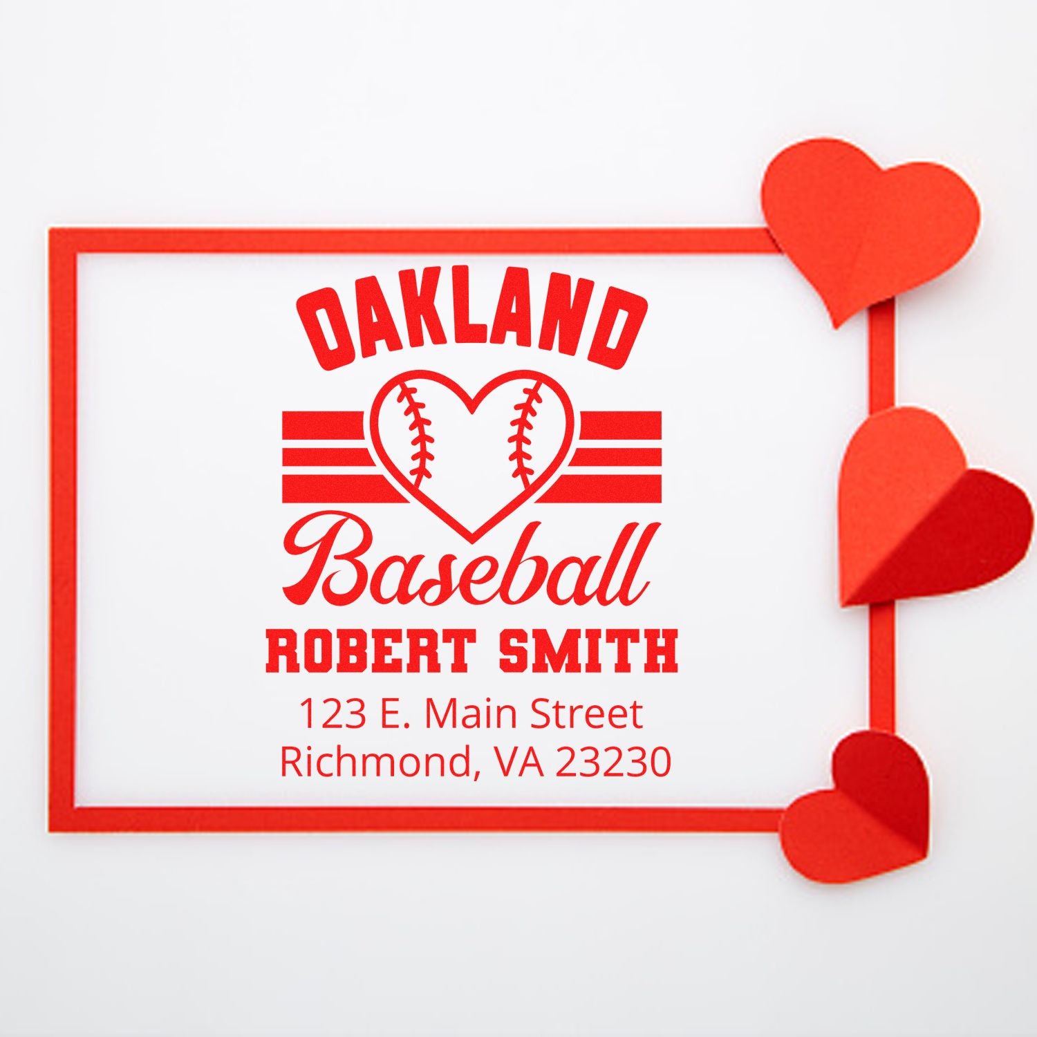 Personalized Oakland Baseball rubber stamp with heart baseball logo, Robert Smith name, and Richmond, VA return address.