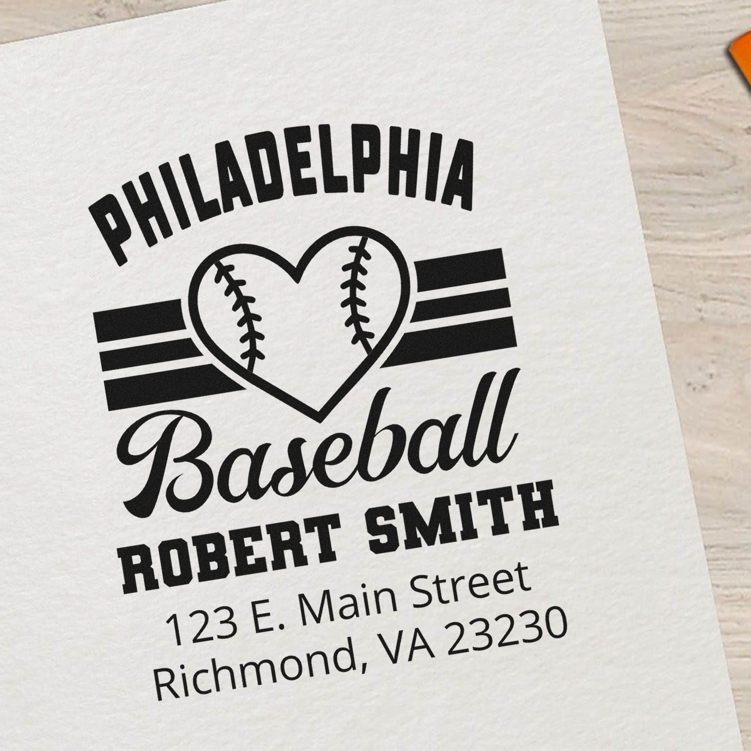 Custom Philadelphia baseball rubber stamp proof with heart logo, Robert Smith name, and Richmond address.