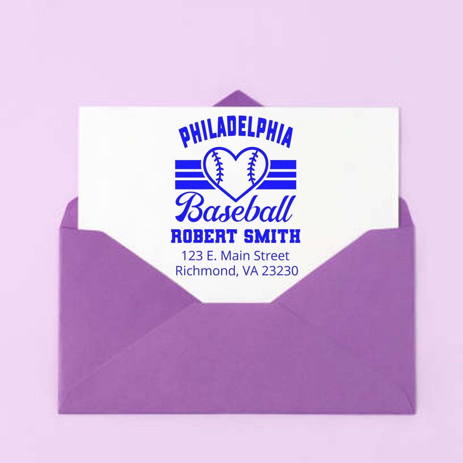 Custom Philadelphia baseball return address rubber stamp design, shown on a card in a purple envelope.