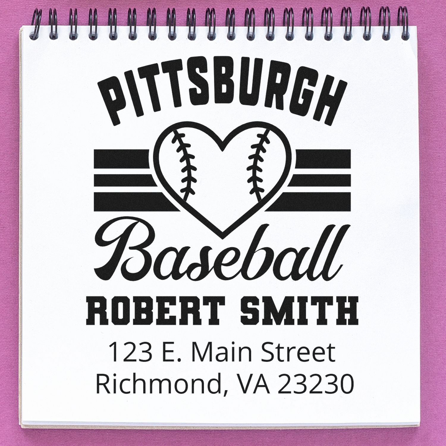Personalized Pittsburgh baseball rubber stamp proof with heart baseball logo, Robert Smith name, and Richmond, VA address.