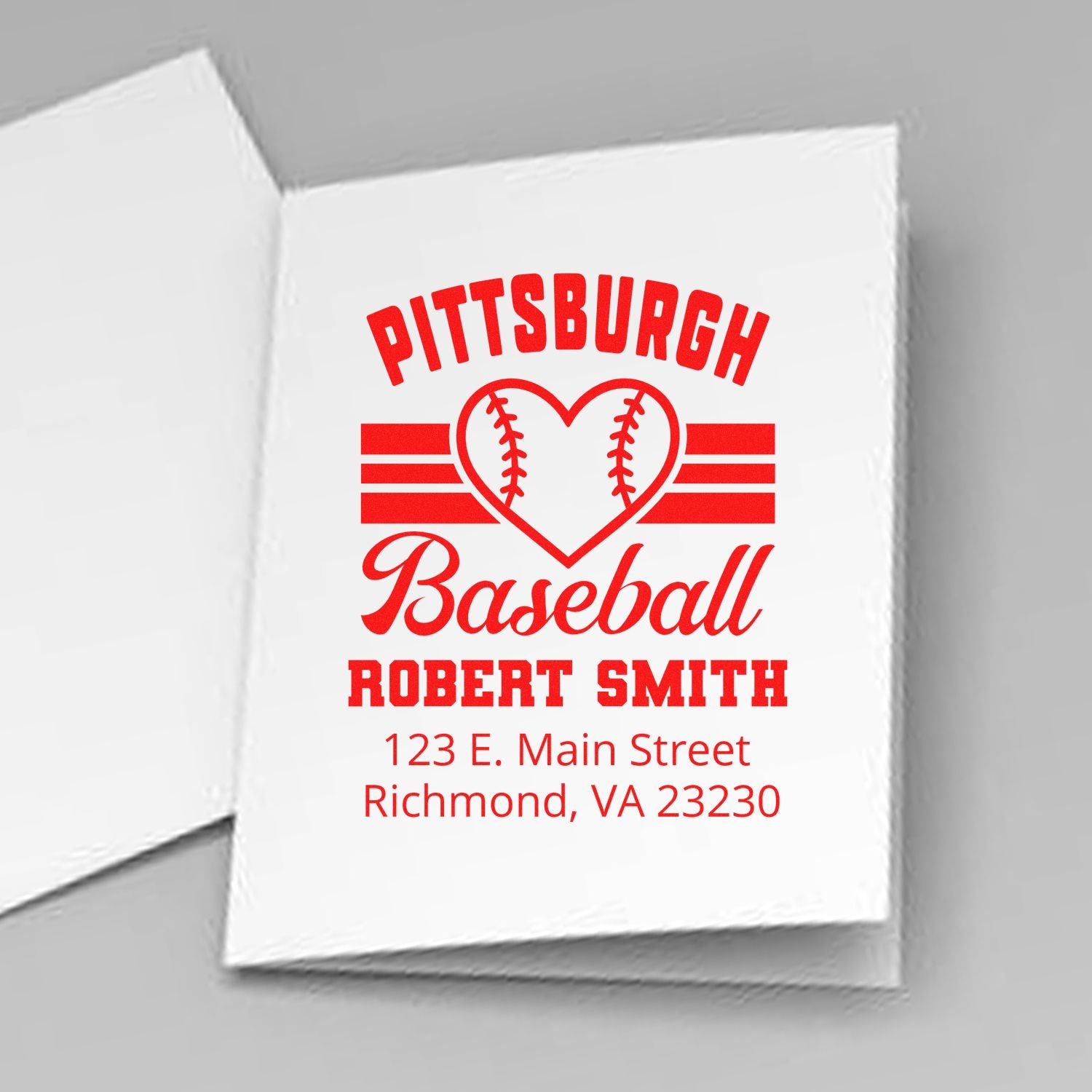 Custom Pittsburgh baseball rubber stamp with heart logo, Robert Smith name, and Richmond, VA address.