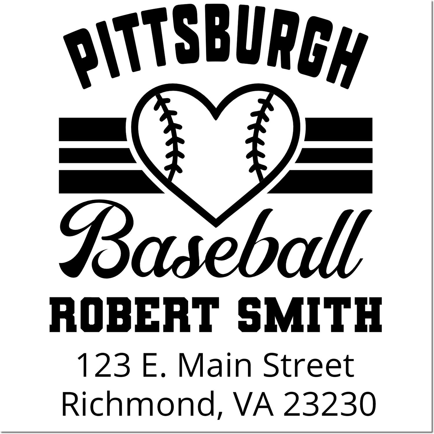 Personalized Pittsburgh baseball rubber stamp with heart logo, Robert Smith name, and Richmond, VA address.