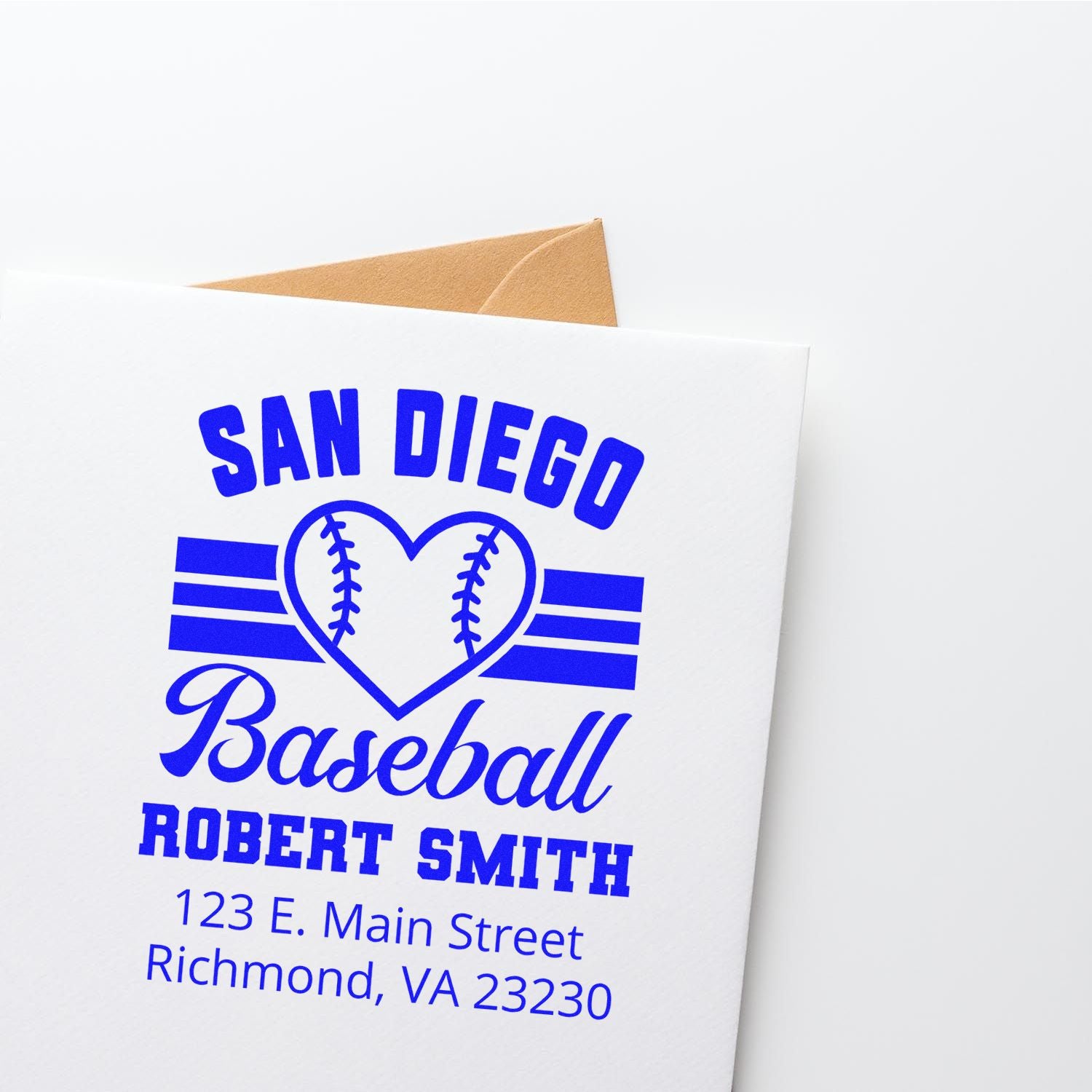 Personalized baseball rubber stamp design with San Diego heart logo, Robert Smith name, and Richmond, VA address on a card.