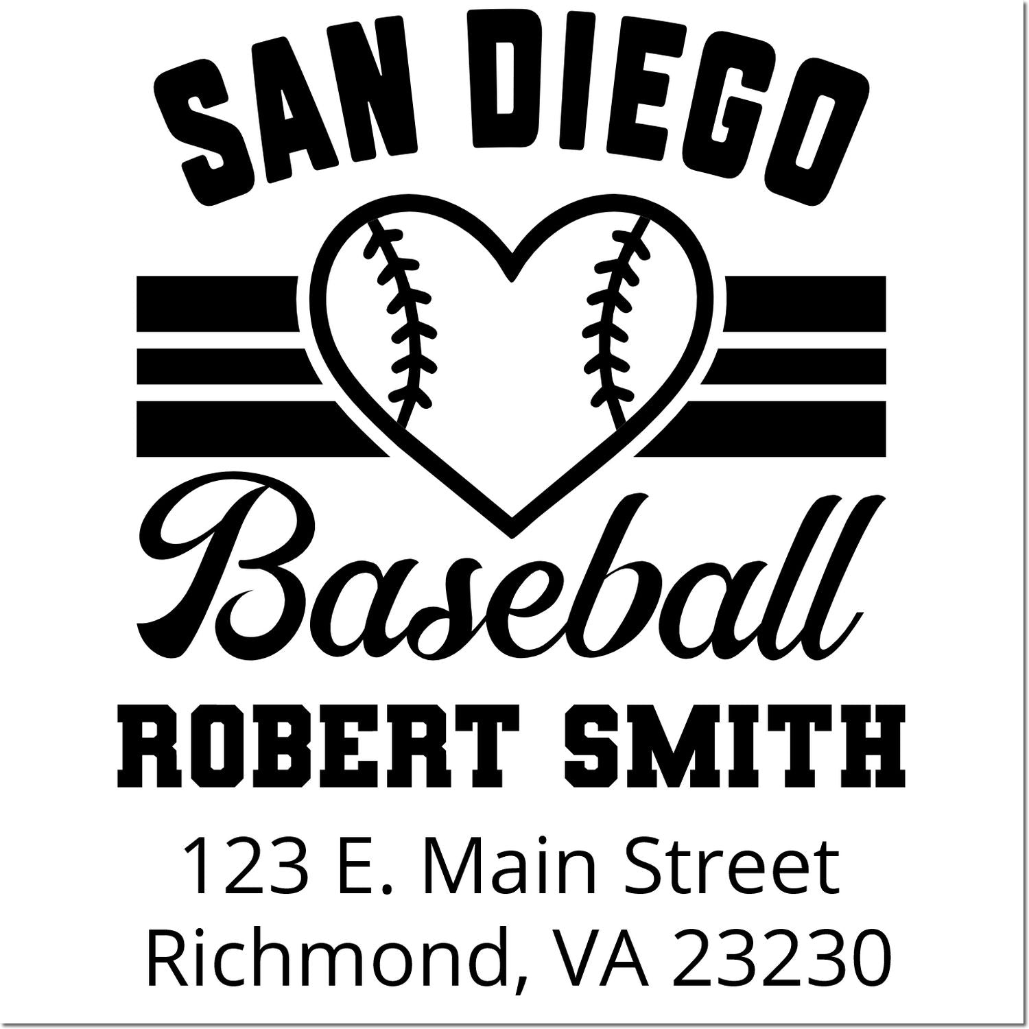 Custom San Diego baseball return address rubber stamp for Robert Smith, 123 E. Main Street, Richmond, VA 23230.