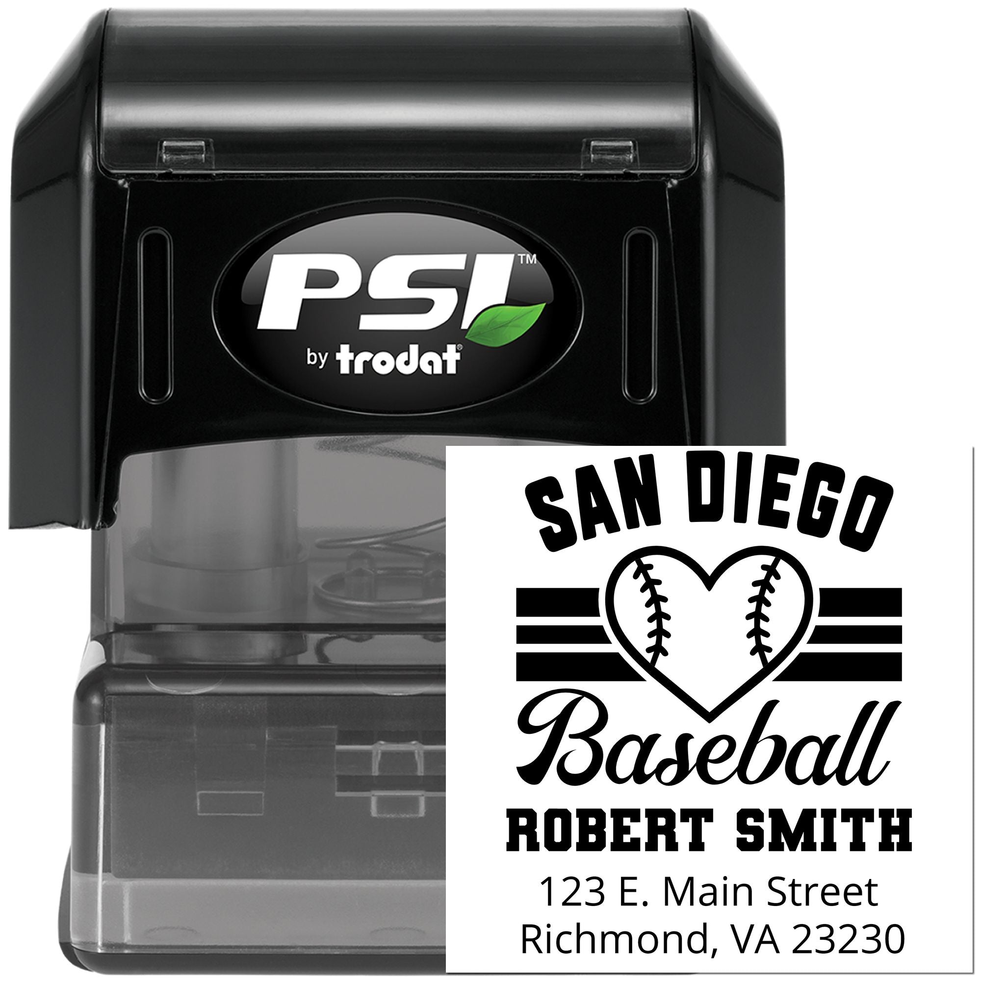 Custom self-inking rubber stamp for San Diego baseball, featuring Robert Smith name and address for personalized mailings.