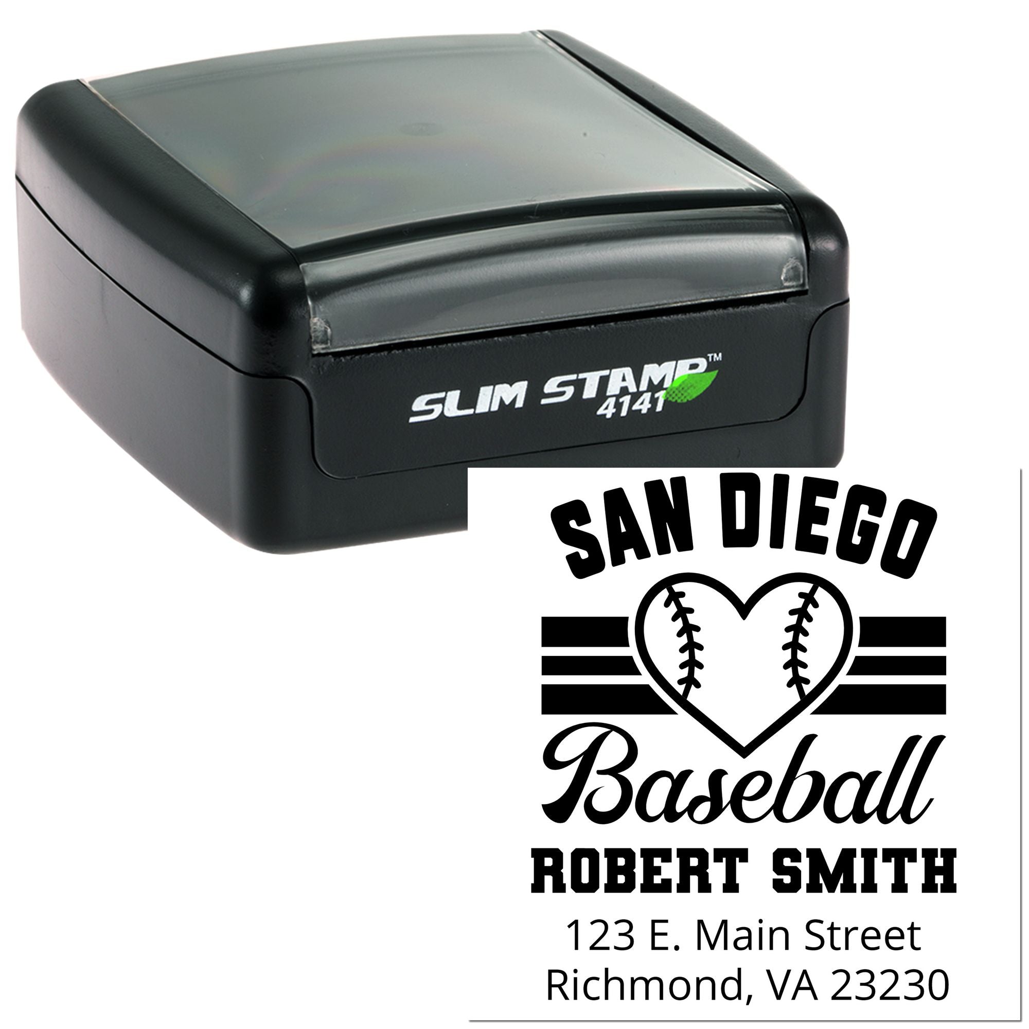 Custom self-inking rubber address stamp with San Diego baseball logo, Robert Smith name, and Richmond, VA address.